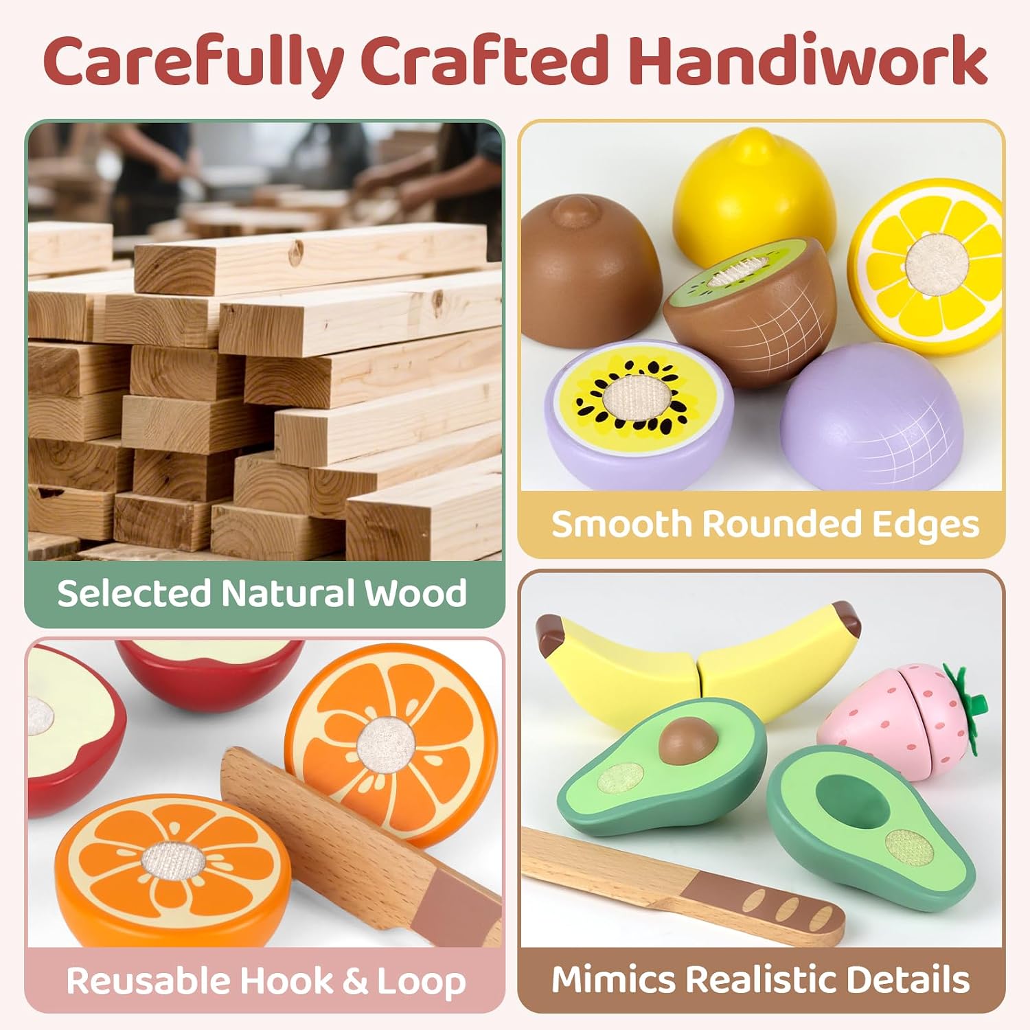 Detalle de Beberolen houten snijfruit speelgoed met afgerond mes en canvas opbergtas
