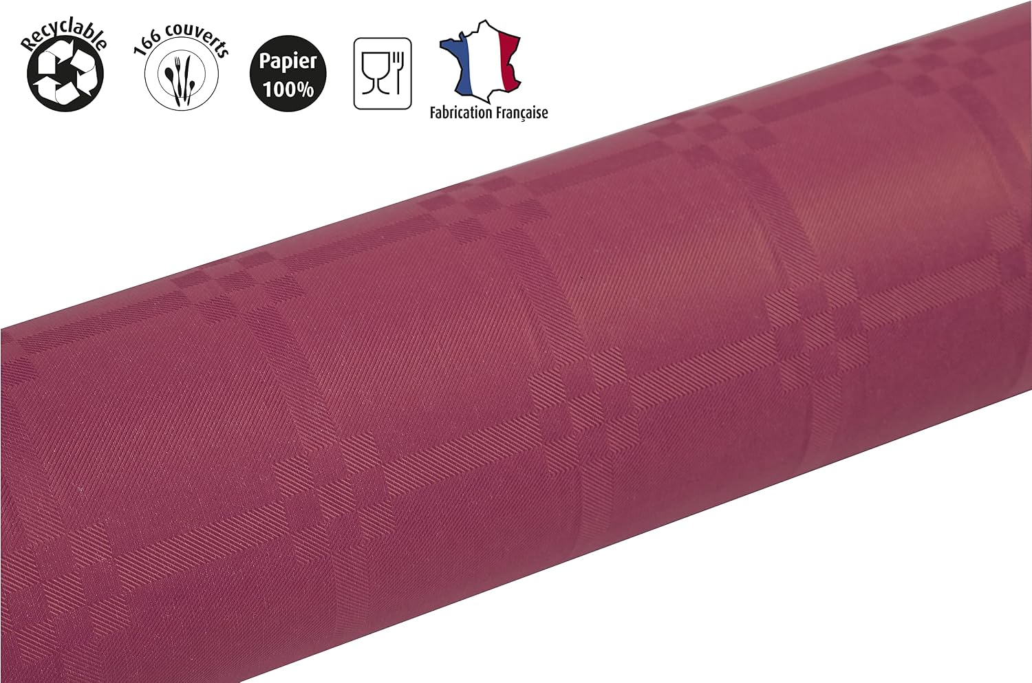 Detalle de Pro Nappe - Nappe jetable en papier damassé Bordeaux, rouleau 50 m x 1,18 m (166 couverts) – R485022I
