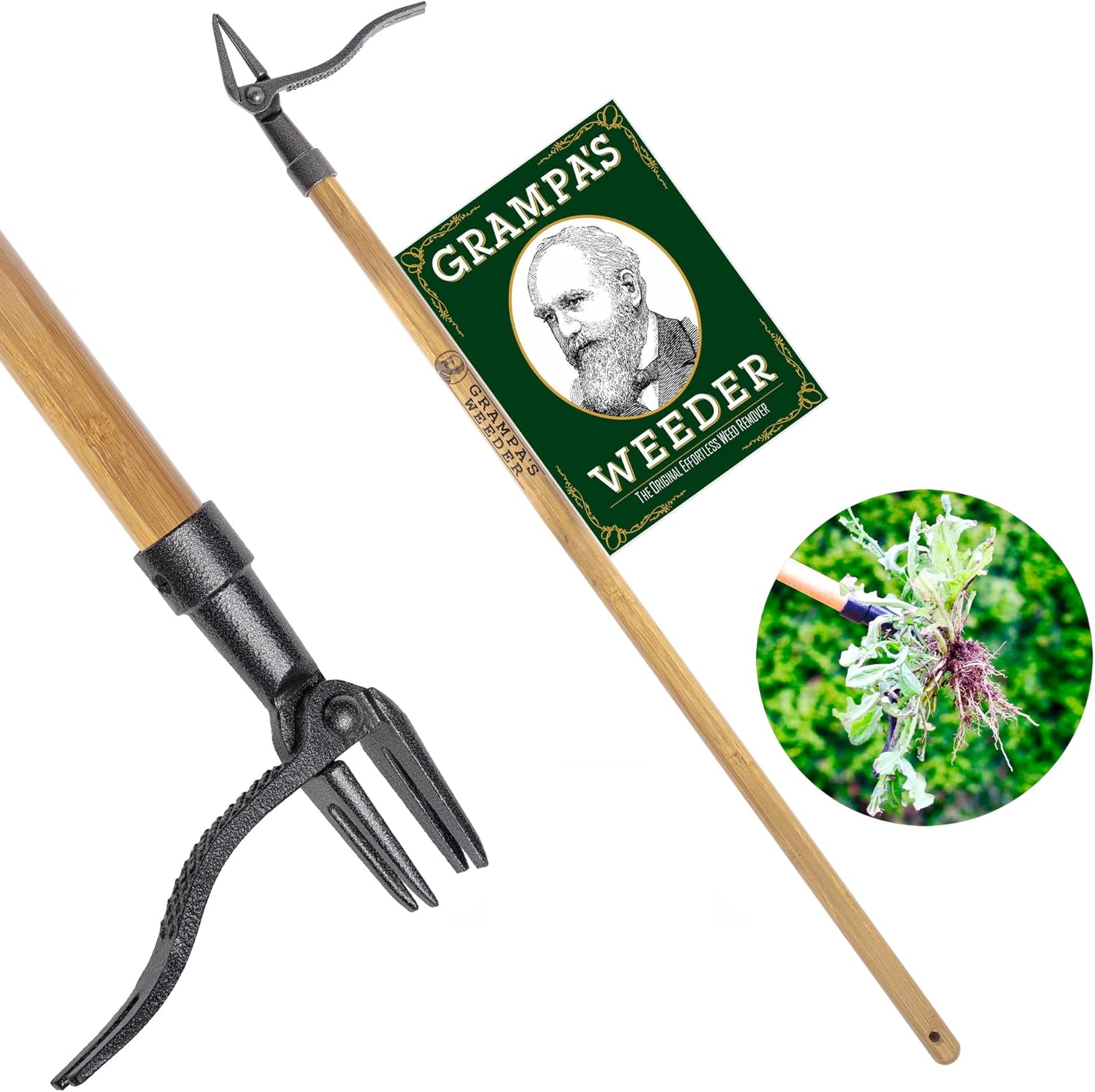 Detalle de Grampa's Weeder Original Stand-Up Weed Puller with Bamboo Handle and 4-Claw Steel Head