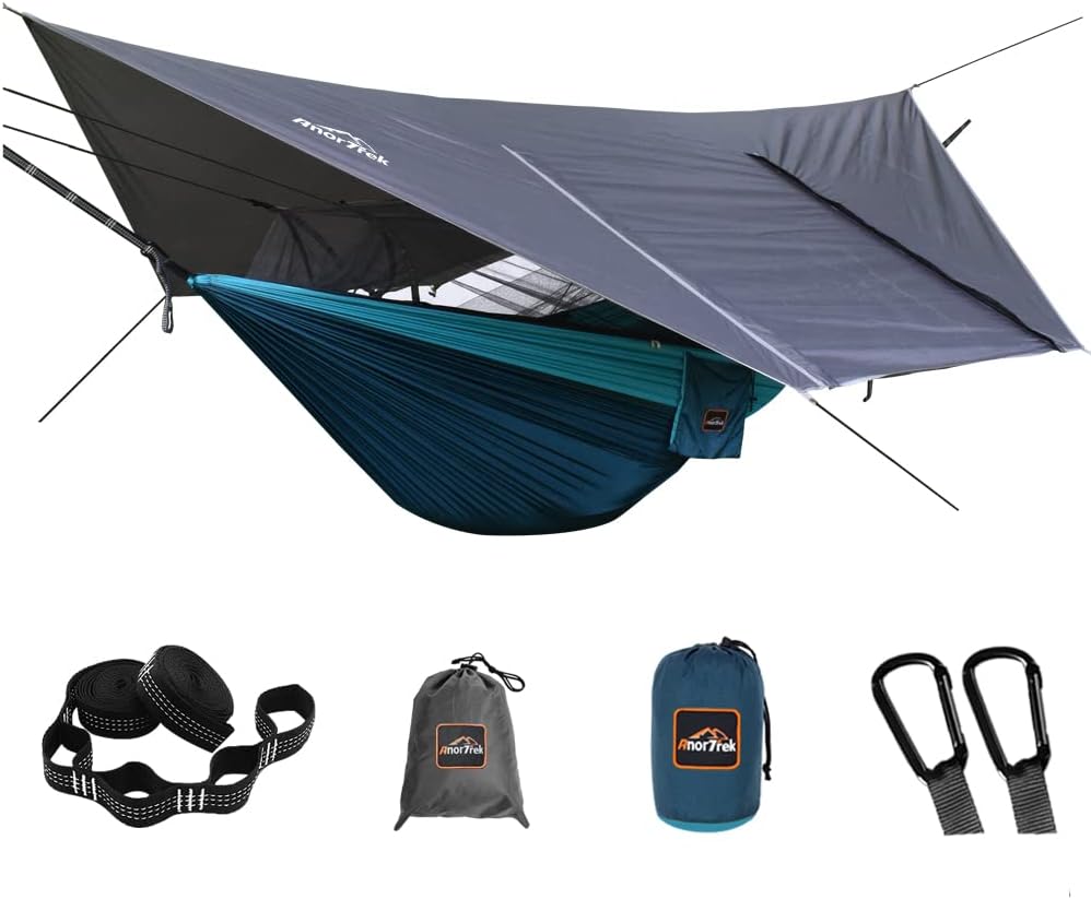 AnorTrek Camping Hamac avec moustiquaire et bâche de pluie – Double, nylon 210T, avec sangles et tarp imperméable