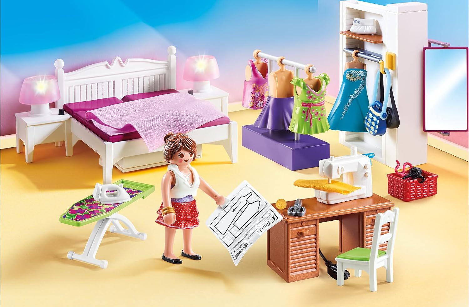 Detalle de PLAYMOBIL 70208 Dollhouse Abwechslung Schlafzimmer mit Nähecke – detailreiches Spielset ab 4 Jahren