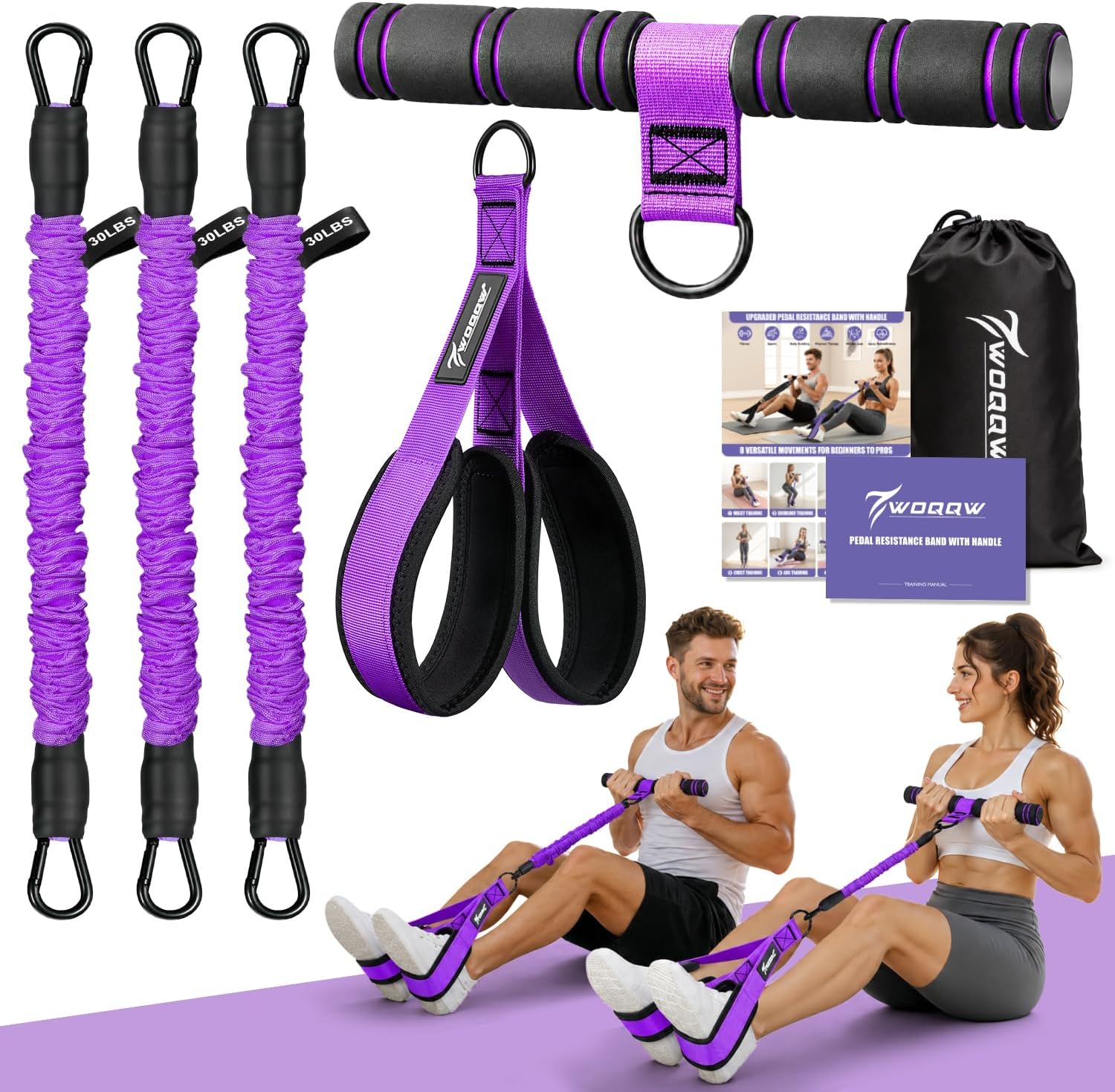 Detalle de WOQQW Multifunction Pedal Resistance Band with Handle – Upgraded 3-Tube Foot Pedal Band for Core, Arms, Legs and Back