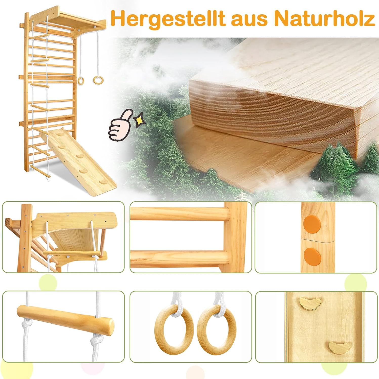 Detalle de LARS360 Multifunktions Sprossenwand Set – Holz-Klettergerüst für Kinder ab 3 Jahren