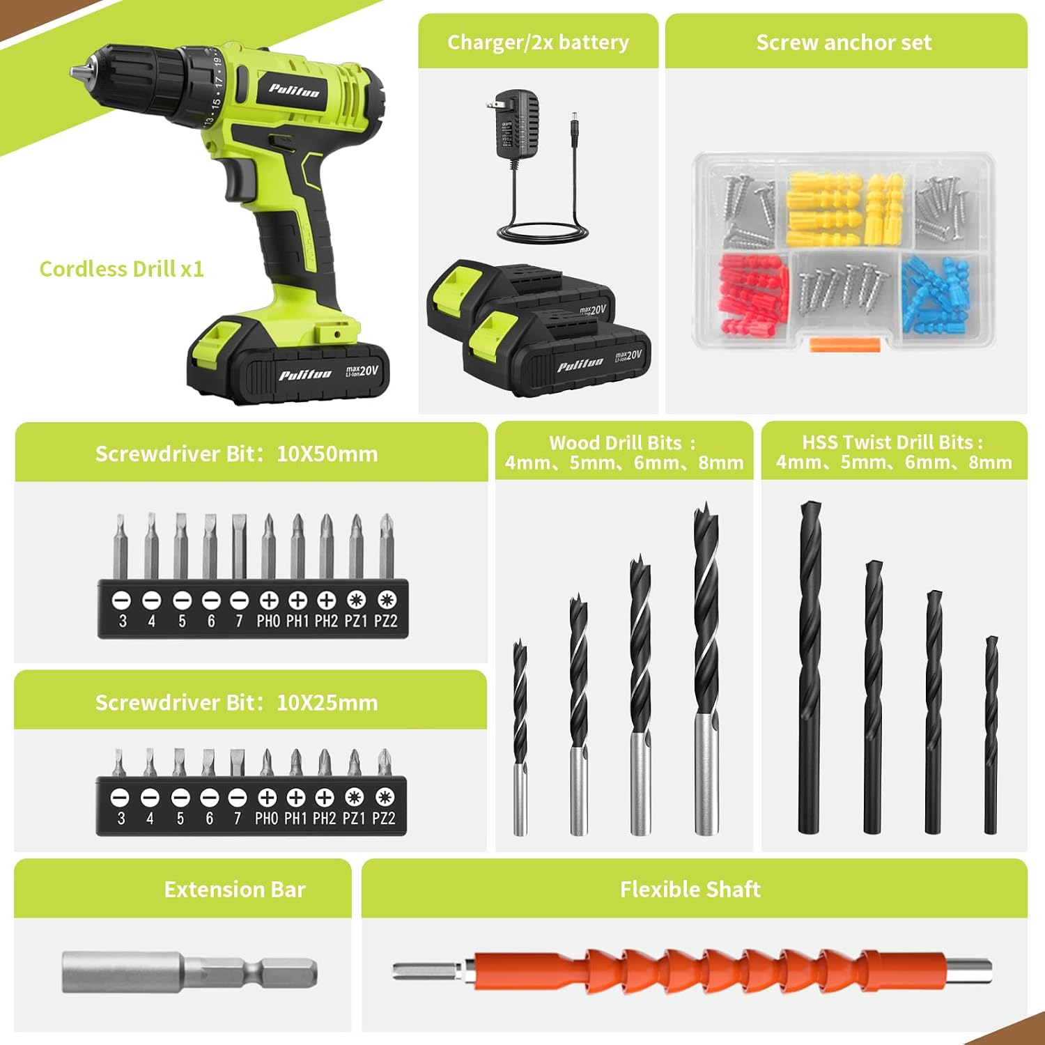 Detalle de PULITUO DC7720S 20V Cordless Drill/Driver, 30 Nm, 2 Batteries, LED