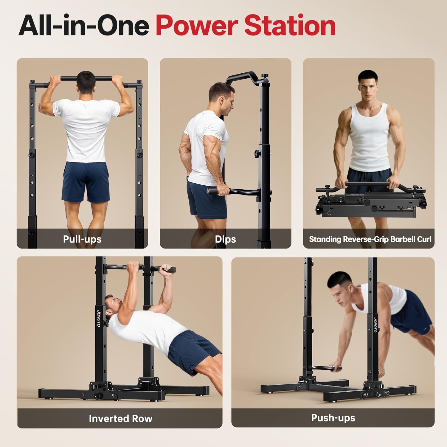 Thumbnail 6 de JOROTO Foldable Power Tower Pull Up Bar Station – Height Adjustable 5-in-1 Dip Workout Stand (172kg capacity)