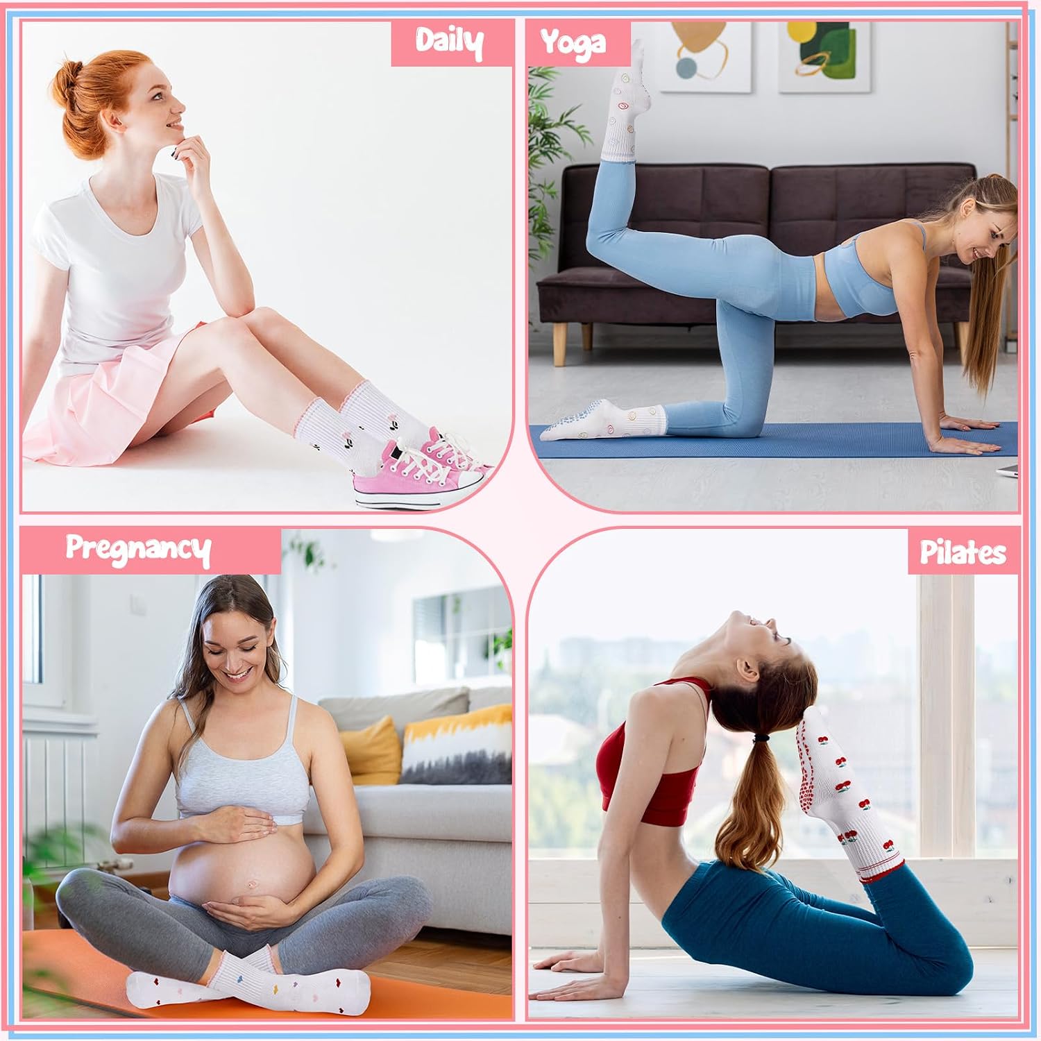 Thumbnail 6 de Zuimei 4 Pairs Cute Pilates Socks with Grips – Non-Slip Ruffle Yoga Reformer Socks for Home Gym, Barre, Dance and More