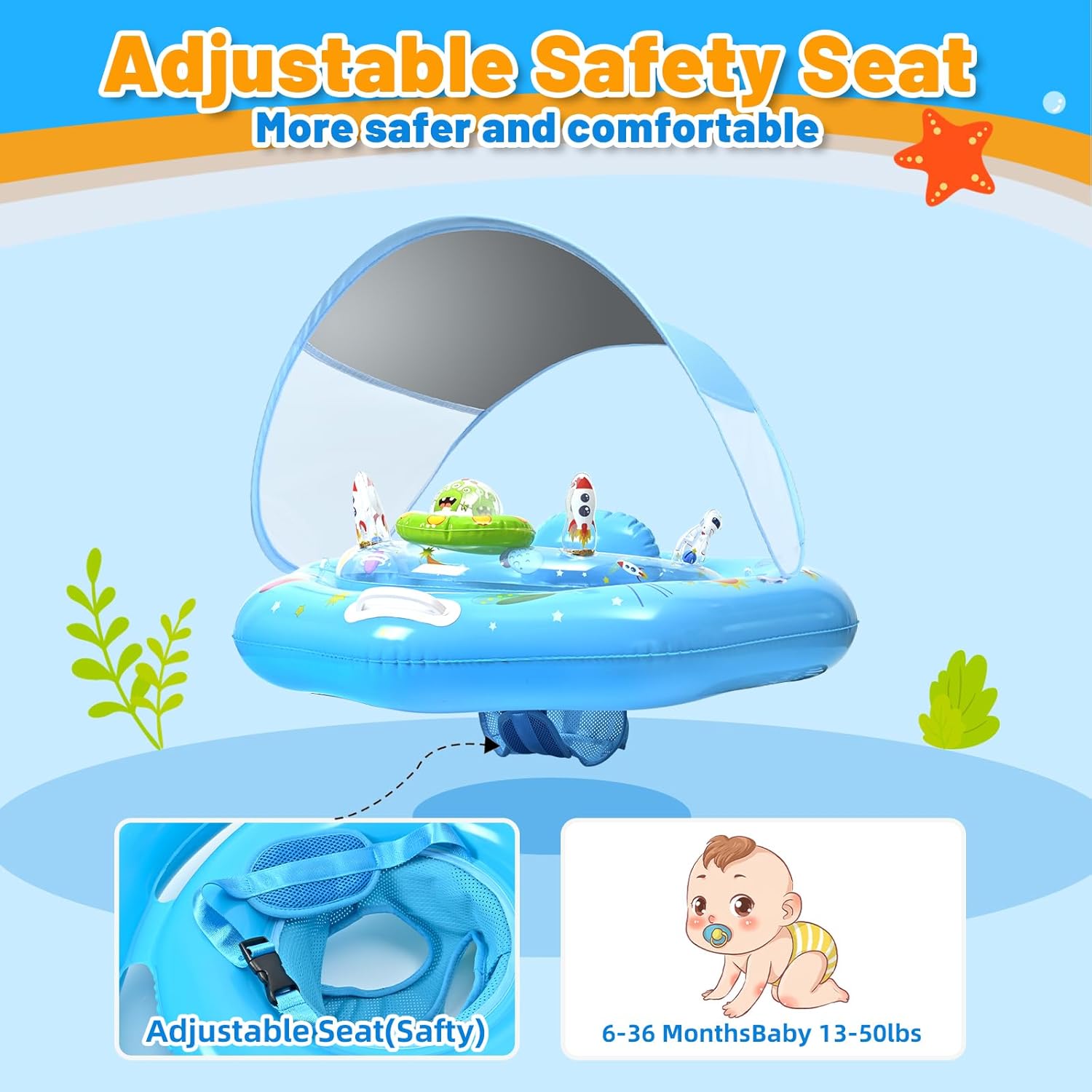 Thumbnail 4 de GEEQUFLOAT Baby Pool Float with Canopy — Inflatable UPF50+ Sun Protection, Adjustable Safety Seat, Toy Play Console