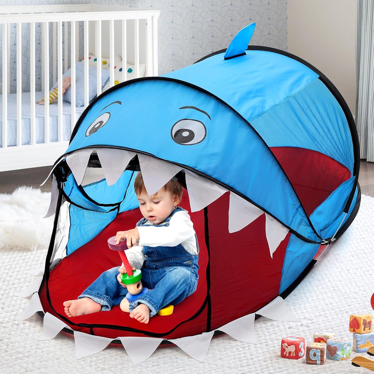 Detalle de BTGGG Kids Pop Up Tent (Blue Shark) – foldable play tent for toddlers 2–4 years, indoor & outdoor