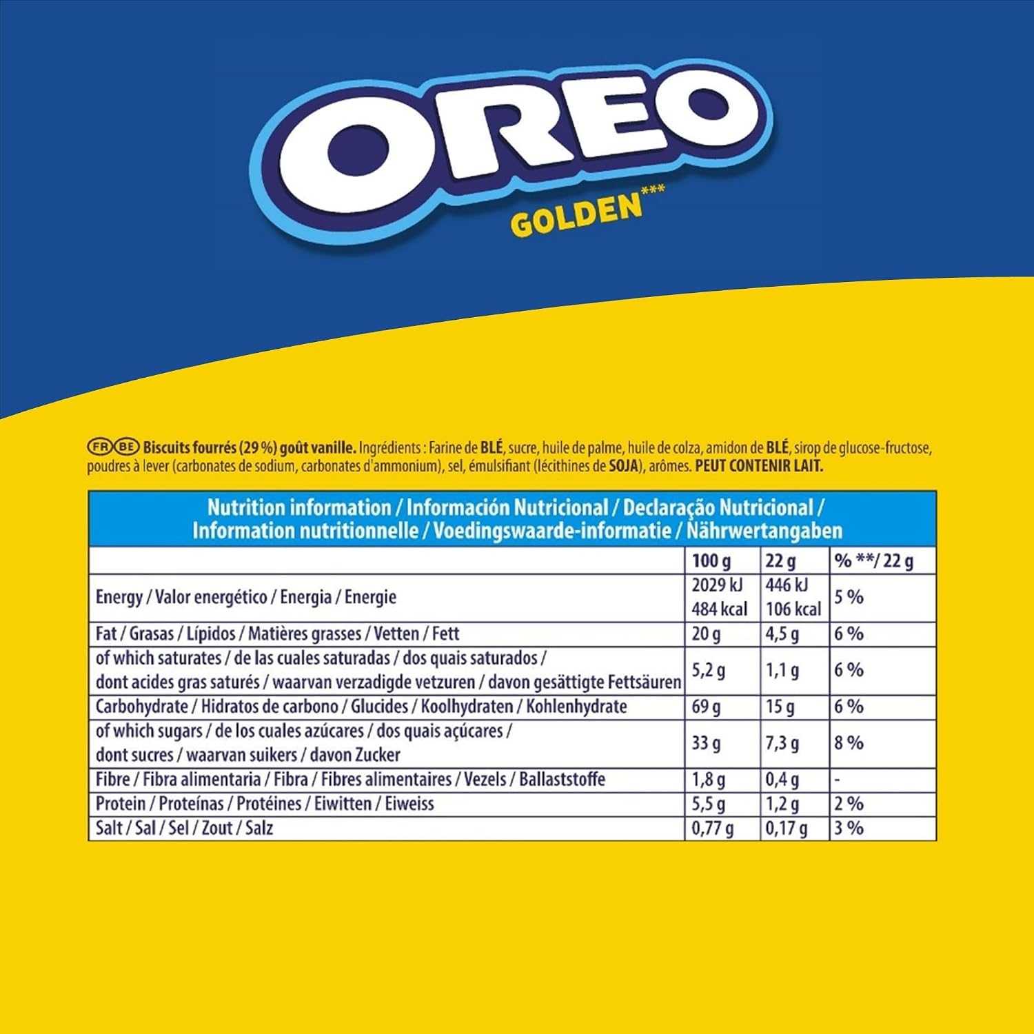 Detalle de OREO Golden – Biscuits dorés fourrés vanille, présentoir 20 paquets (66 g) – format familial
