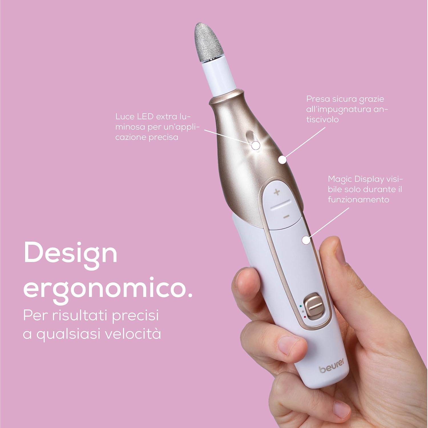 Detalle de Beurer MP 64: fresa professionale per manicure e pedicure, batteria ricaricabile e kit completo