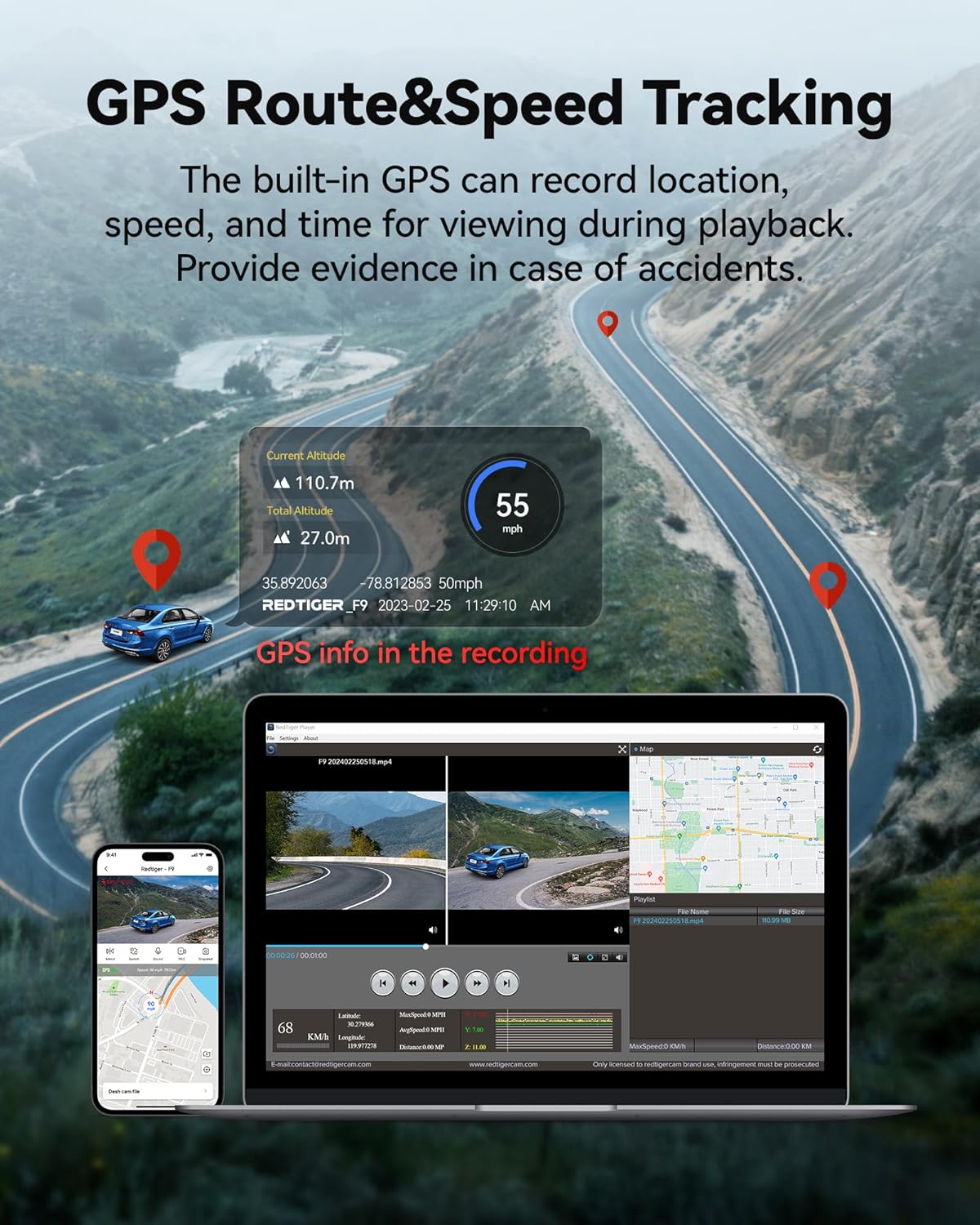 Thumbnail 4 de REDTIGER F9 Dash Cam 4K Front + 1080P Rear: Dual Recording with 5.8GHz WiFi, GPS and App Control