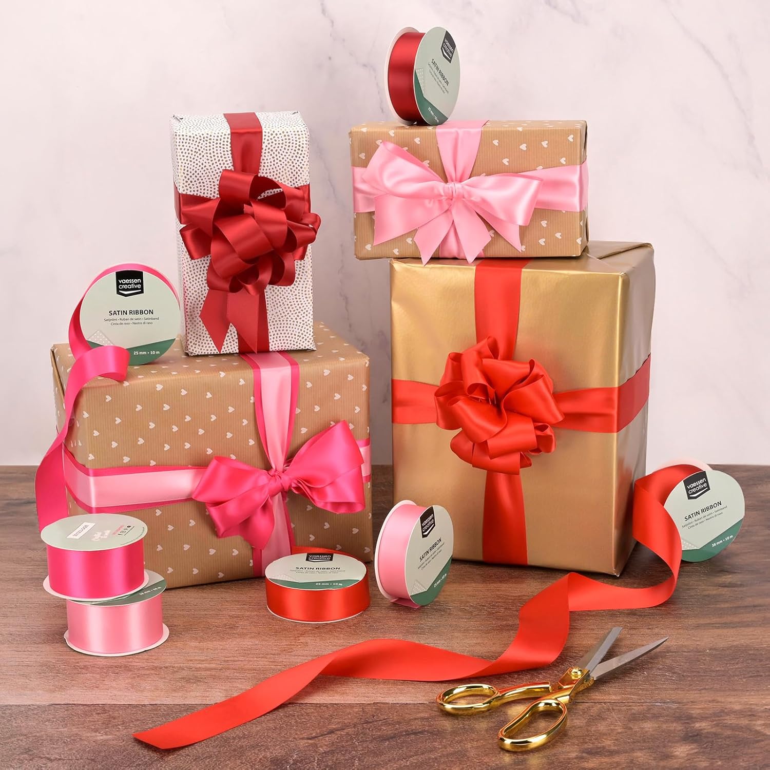 Detalle de Vaessen Creative Ruban Satin Lot – 3 couleurs Saint Valentin (10 m x 38 mm) Rouge & Rose