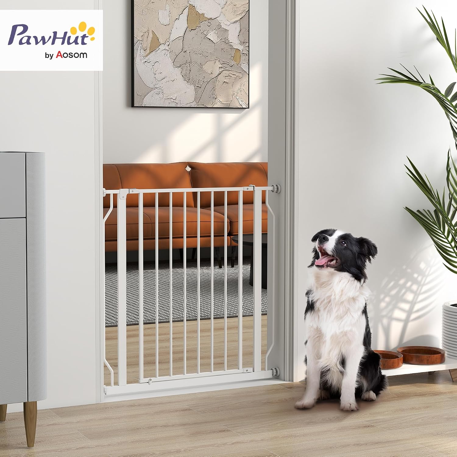 Detalle 2 de PawHut Barrière de sécurité pour chien extensible 75–85 x 76 cm (montage à pression, acier et ABS) pour escaliers et couloirs