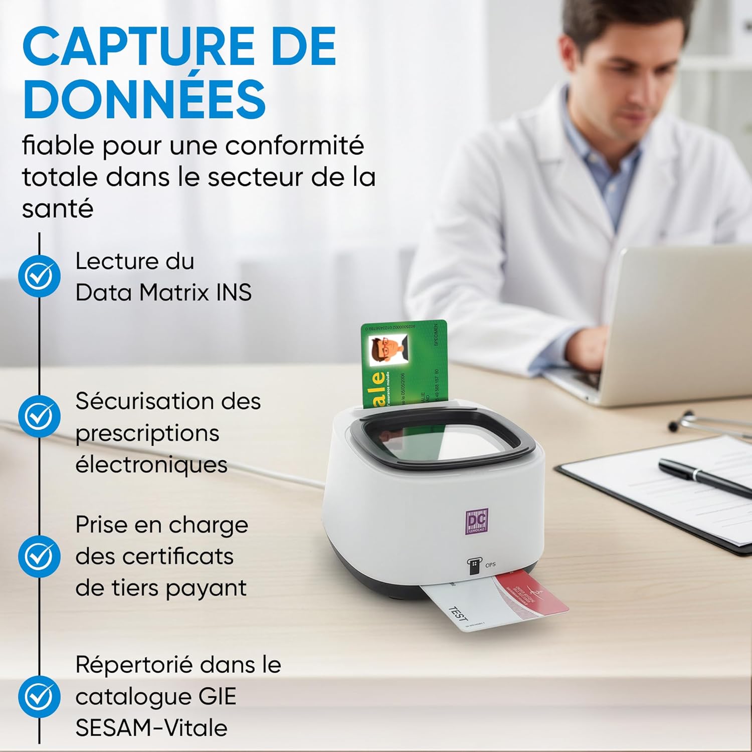 Thumbnail 2 de Lecteur 4 en 1 QR Code & NFC DC300 Pro (2 fentes Carte Vitale et CPS) – connexion USB plug and play