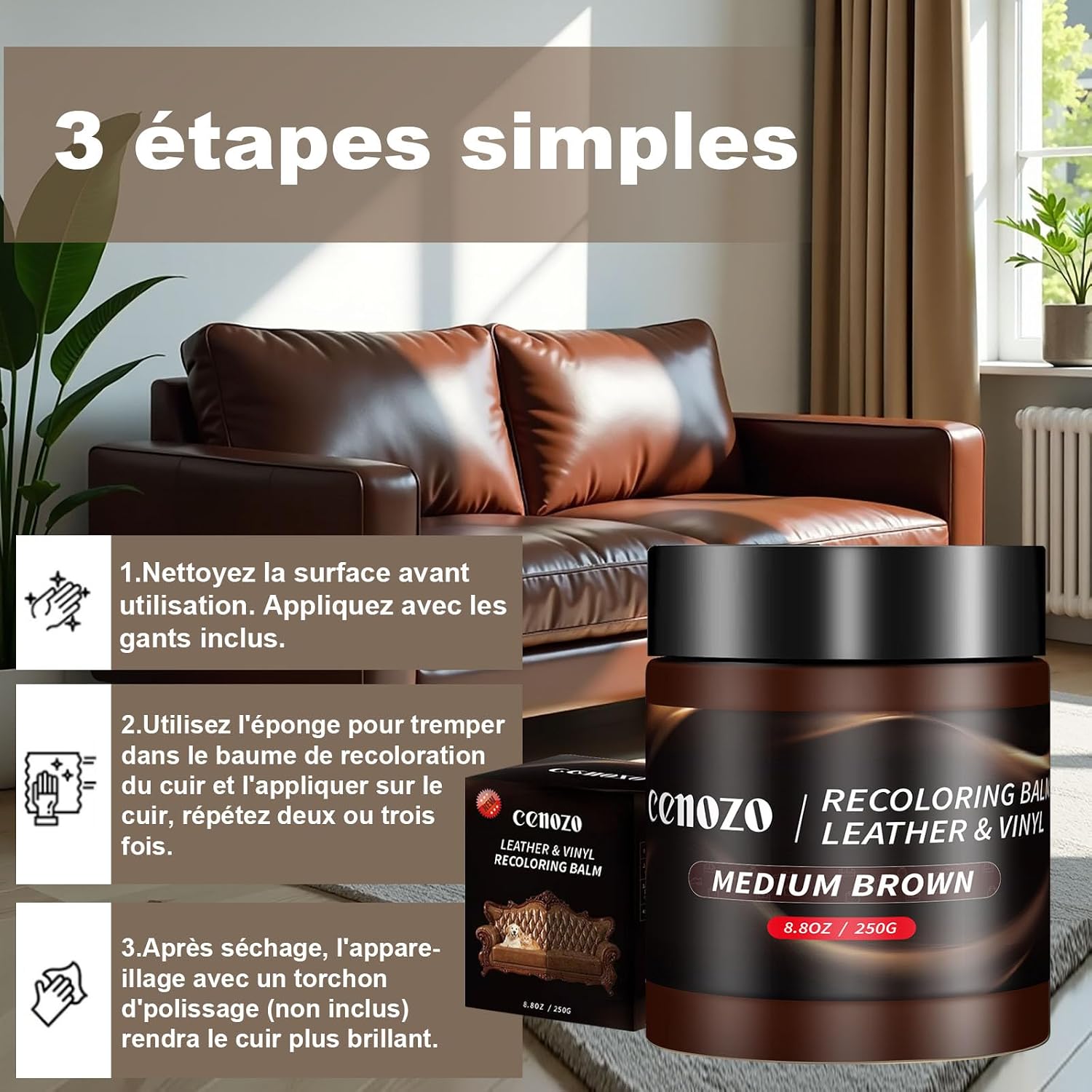 Detalle 2 de Kit de réparation et teinture pour cuir Cenozo (liquide, pâte réparatrice) – cuir marron moyen