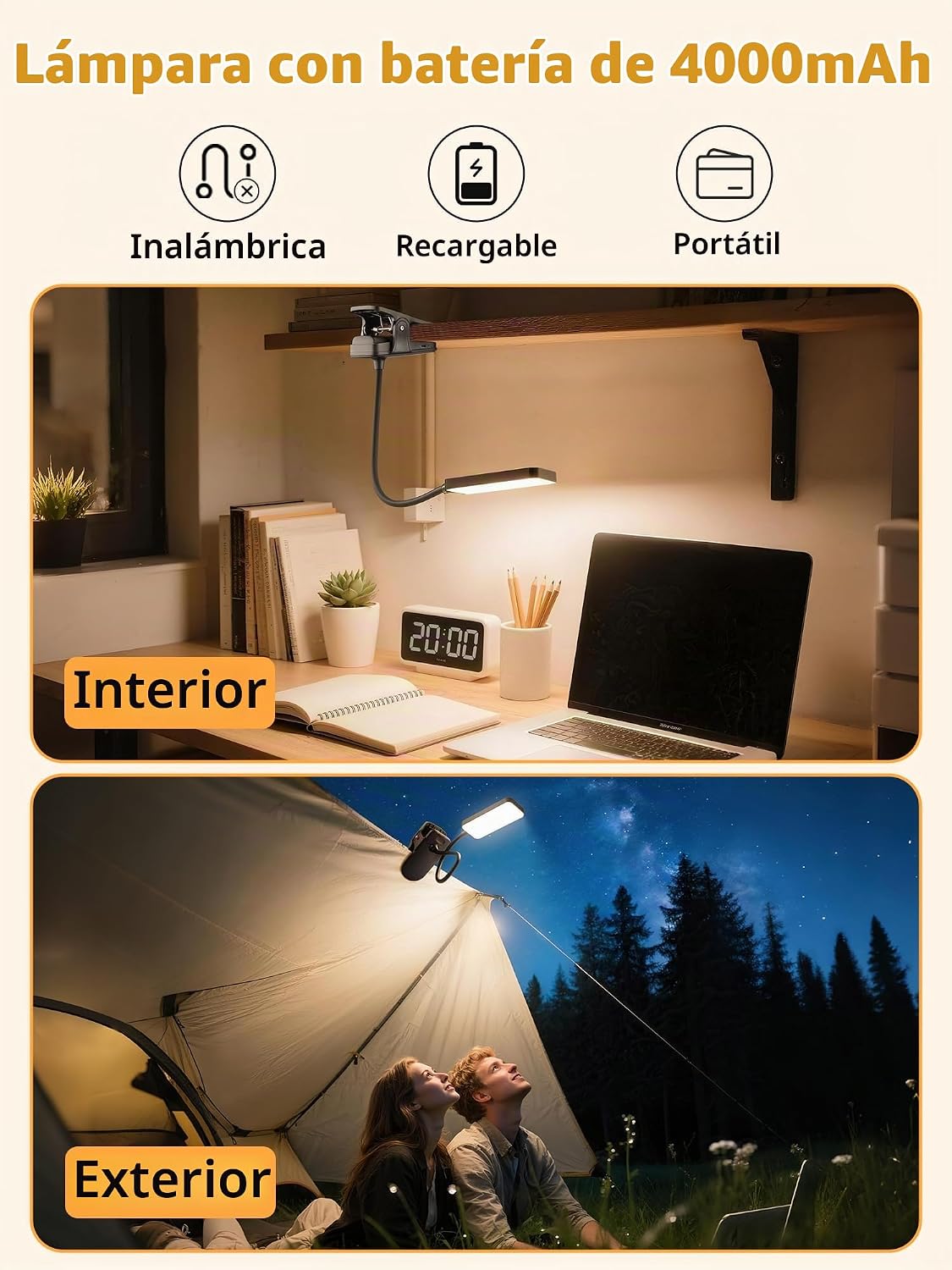 Detalle de Lampara Escritorio Pinza ReinHoo: 5 temperaturas, 9 brillos y batería recargable 4000mAh