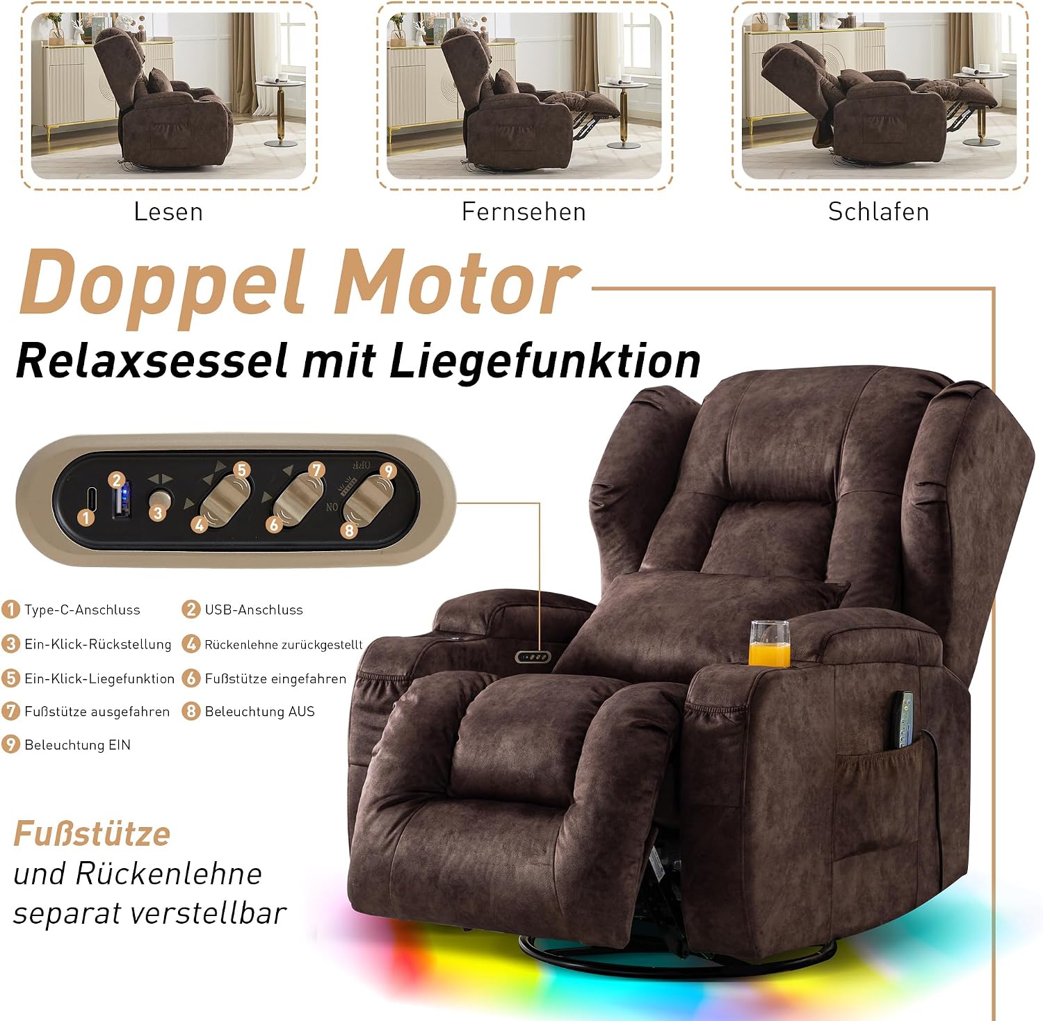 Thumbnail 4 de SITURAY 2-Motoren Elektrisch Verstellbarer Relaxsessel mit Liegefunktion, Drehbarer TV-Sessel inkl. Massage und Wärme – Samt Braun (2er-Set)