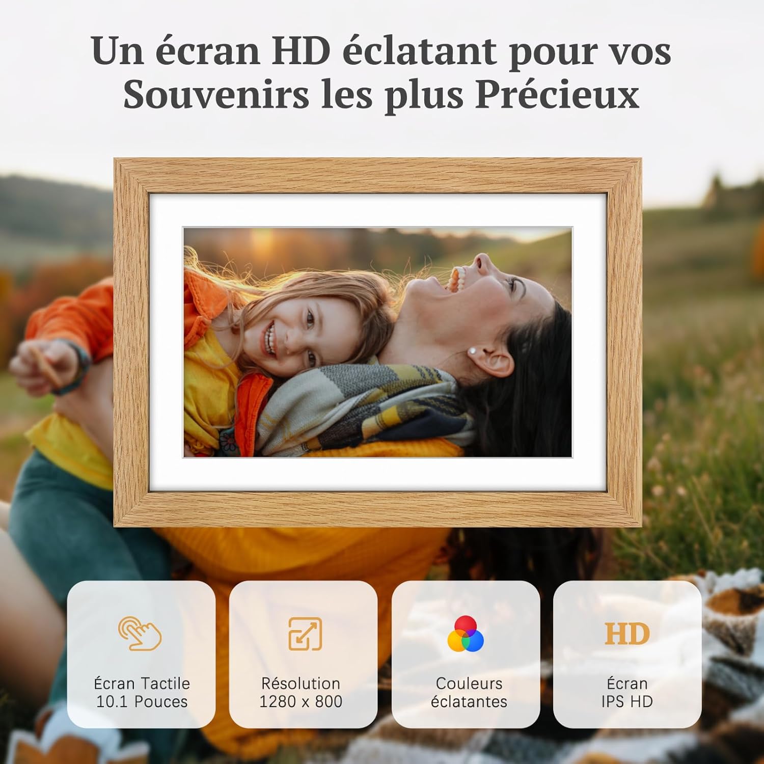 Thumbnail 5 de Cadre photo numérique WiFi en bois de chêne 10,1 pouces — stockage 32 Go, écran tactile IPS et app Frameo
