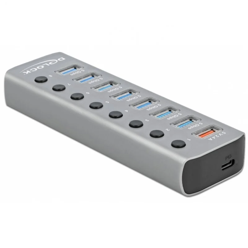 Detalle de Delock 63264 Hub: 7 puertos USB 3.2 + carga USB-C PD y carga rápida independiente