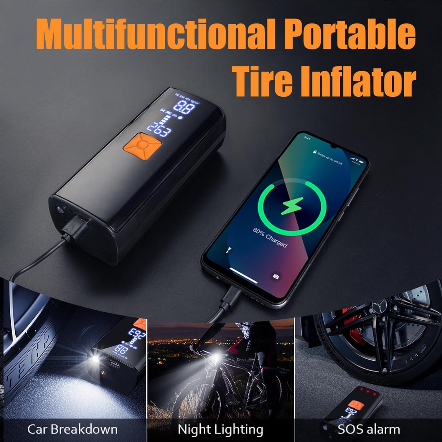 Detalle de Tyre Inflator Portable Air Compressor with 20000mAh Battery and 150PSI – Cordless Car, Motorcycle, Bike and Ball Pump (Raven Black)