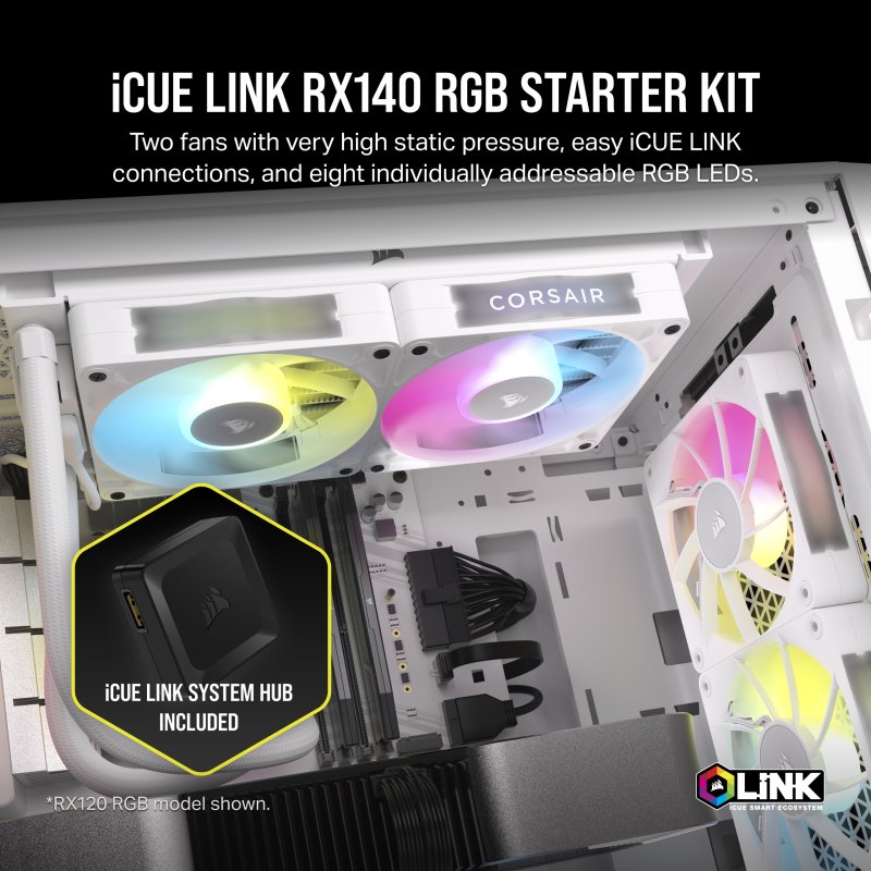 Thumbnail 3 de Corsair iCUE LINK RX140 RGB Starter Kit de 2 ventiladores suplementarios PWM blancos (140 mm)