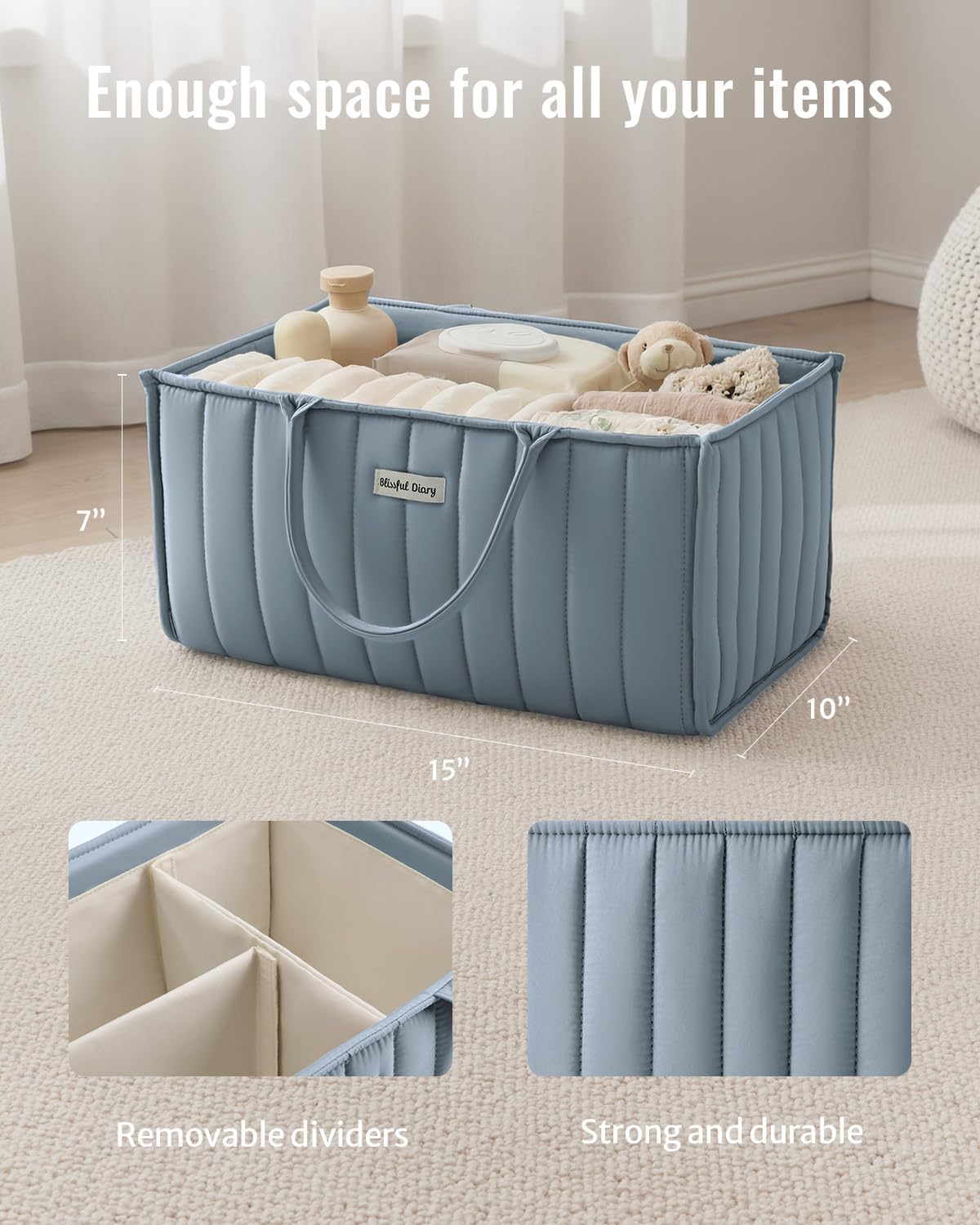 Detalle de Blissful Diary Baby Diaper Caddy, Dusty Blue Polyester Organizer with 3 Compartments