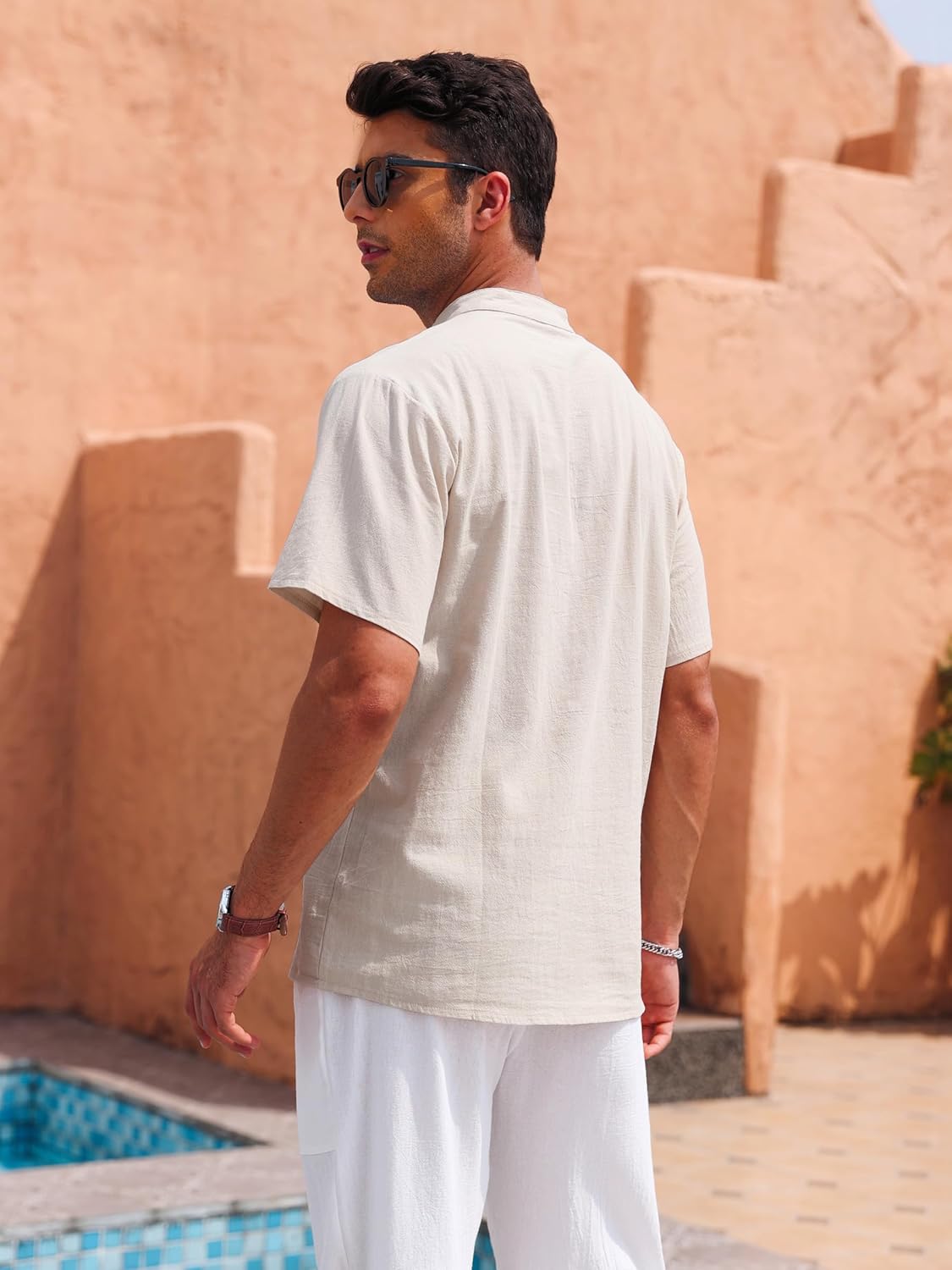 Detalle de Puimentiua Leinenhemd Herren – Kurzarm, Regular Fit, Stehkragen und Knöpfe (S–3XL)