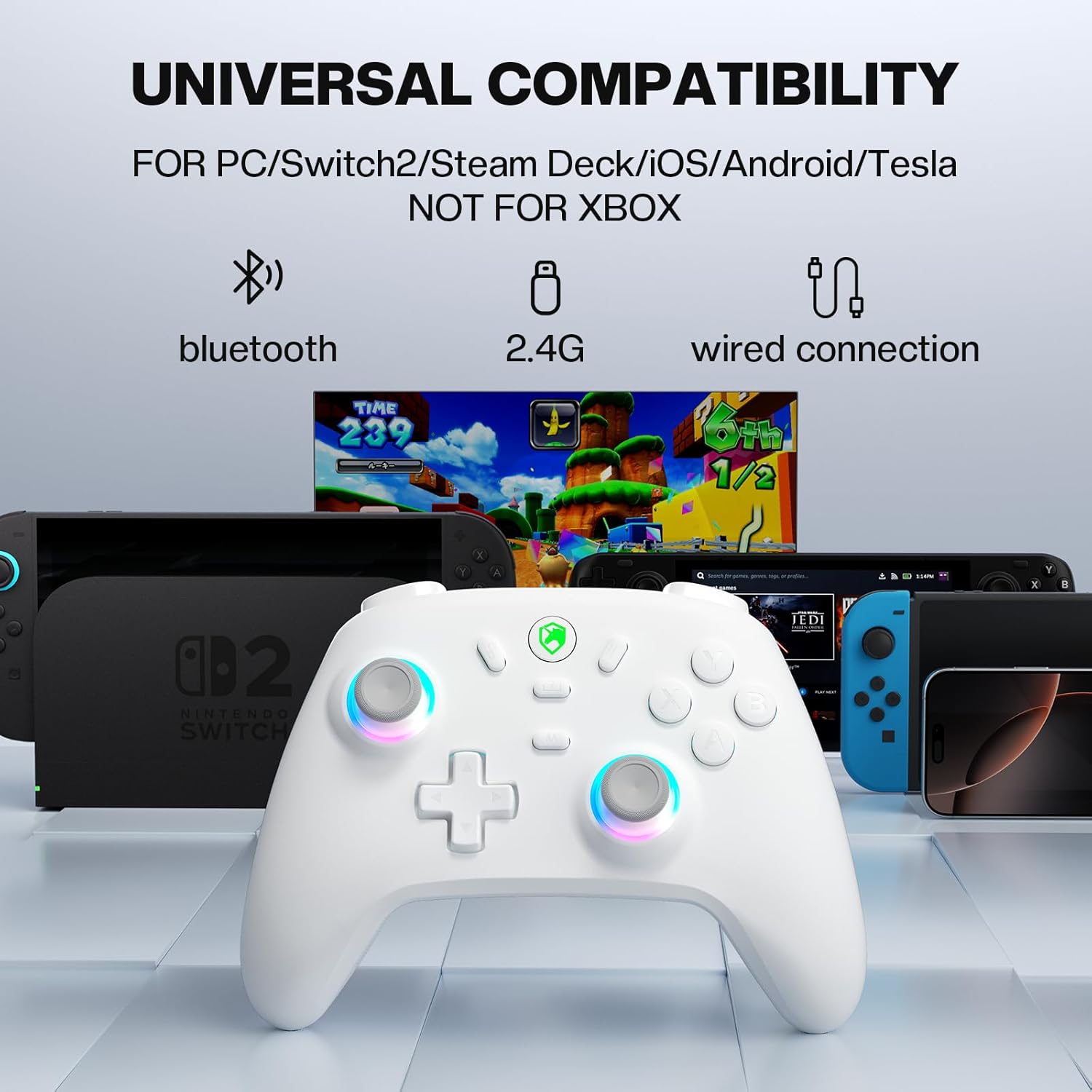 Thumbnail 3 de ECHTPower Wireless-Controller für PC & Switch – 1000 Hz Gaming-Controller mit RGB, Hall-Joysticks, Turbo, Vibration (weiß)