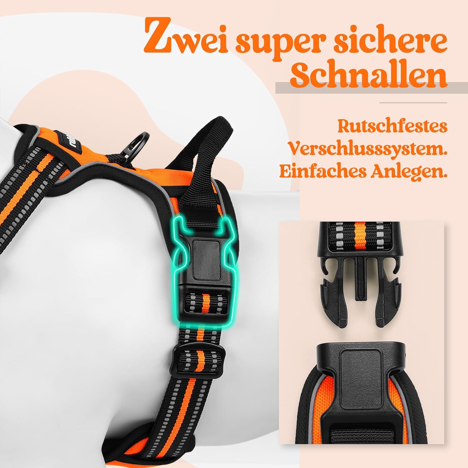 Detalle 2 de rabbitgoo Hundegeschirr Mittelgroße Hunde No Pull, verstellbar mit 2 Ösen und Reflexstreifen (Größe M, Orange)