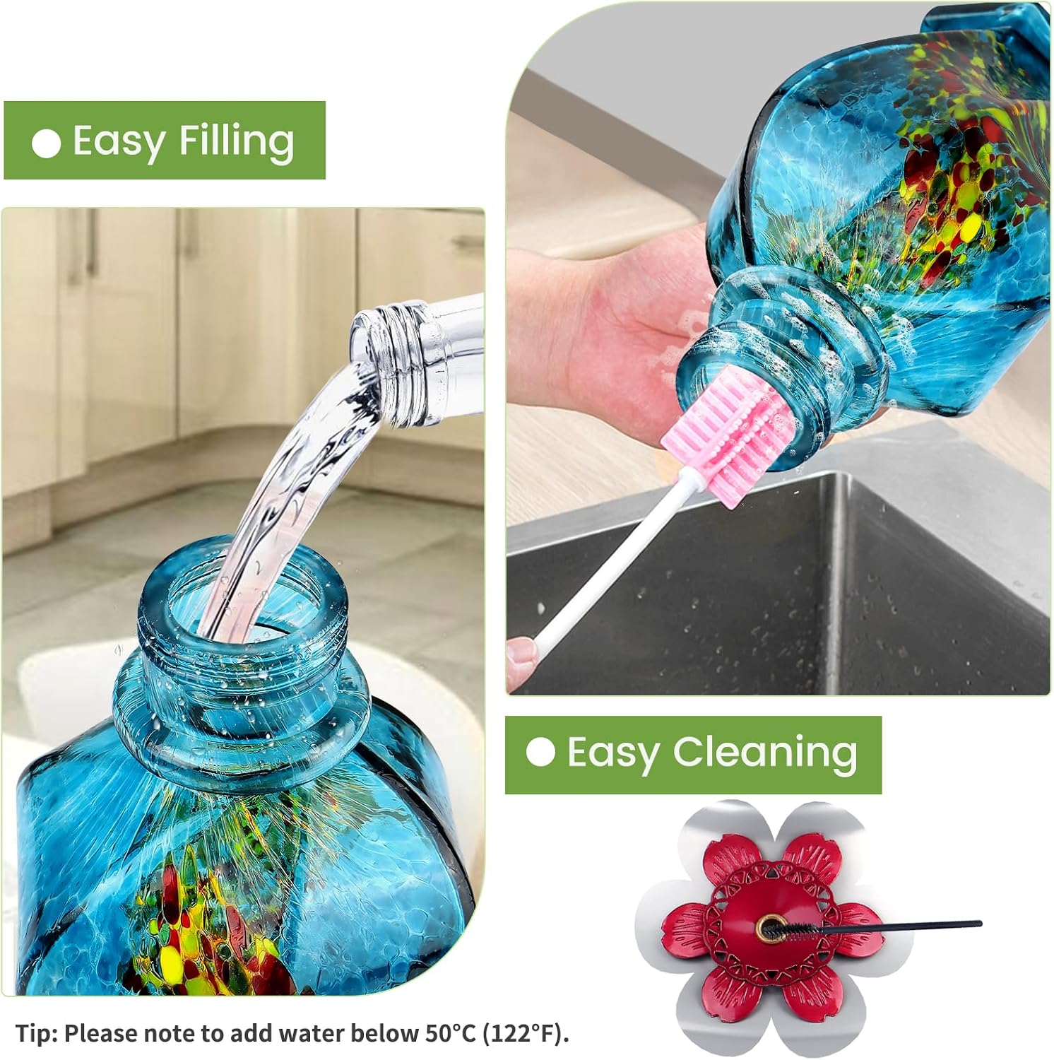 Detalle de BOLITE Hummingbird Feeder (Hand-Blown Glass) with Ant Moat and 5 Feeding Ports, 22 oz
