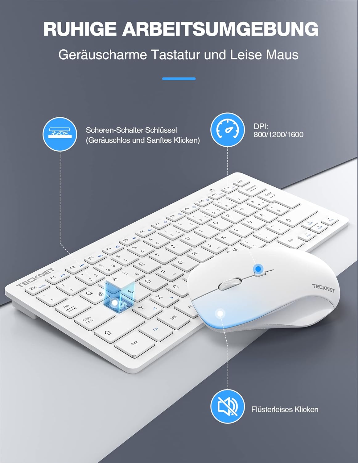 Thumbnail 3 de TECKNET Kabelloses Tastatur-Maus-Set, Deutsch QWERTZ, 2,4 GHz, 15 m Reichweite, Weiß