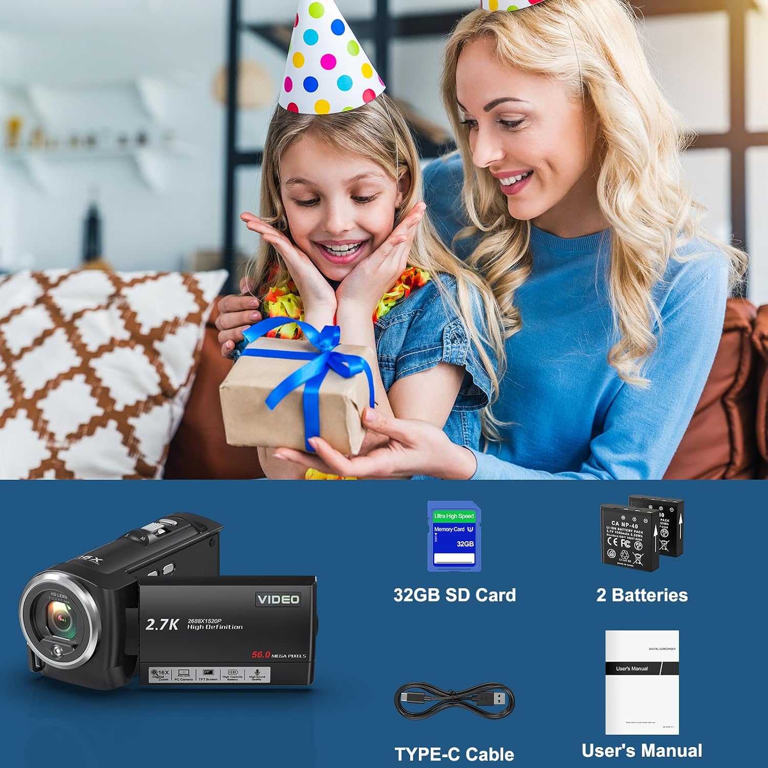 Thumbnail 6 de Delmodes 2.7K 56MP Camcorder: 16x Digital Zoom, Rotating LCD, LED Light & Webcam Capabilities