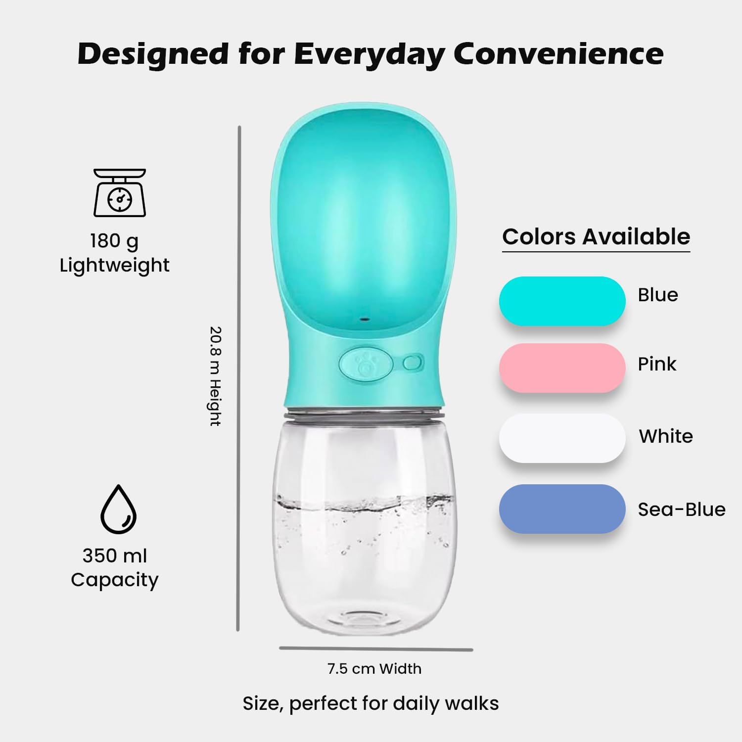 Detalle de AHIZ Portable Dog Water Bottle 350ml – One-Hand Press with Leak-Resistant Design