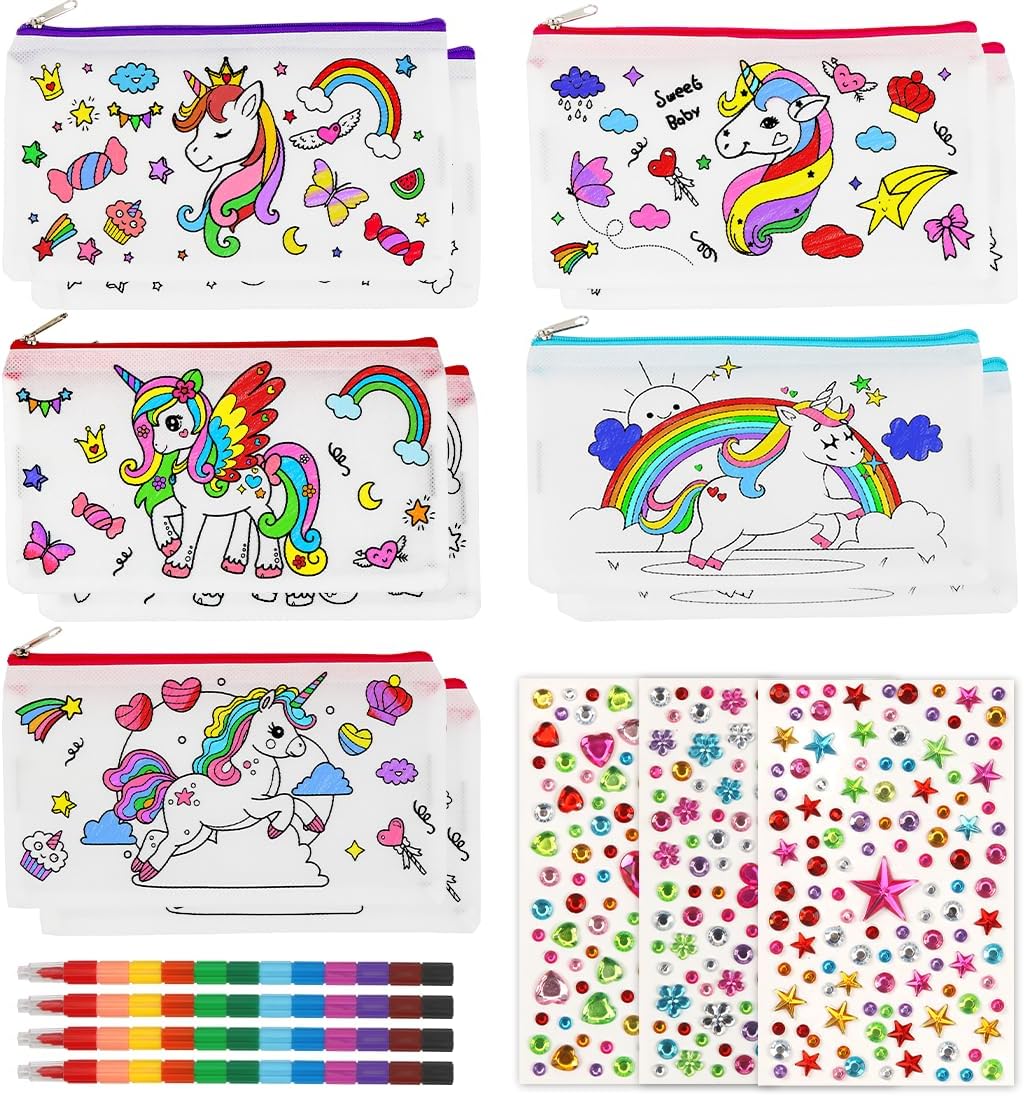 Detalle de Aurasky Einhorn Federmäppchen zum Bemalen mit Stoffbeutel, 10 DIY-Malsets & 4 stapelbare Wachsmalstifte (12 Farben)
