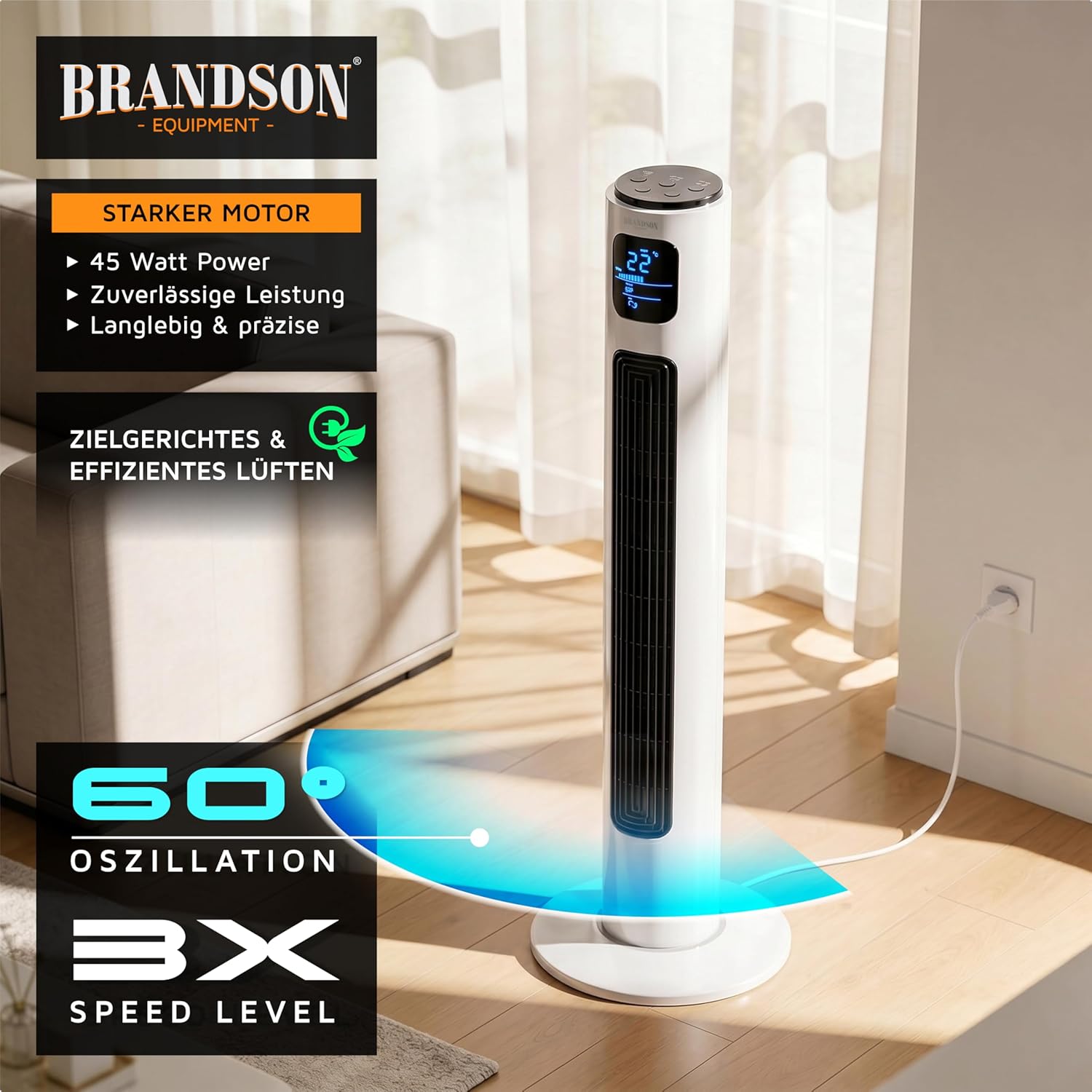 Detalle de Brandson Turmventilator mit Fernbedienung (96 cm) – 45-W-Motor, Oszillation & Timer