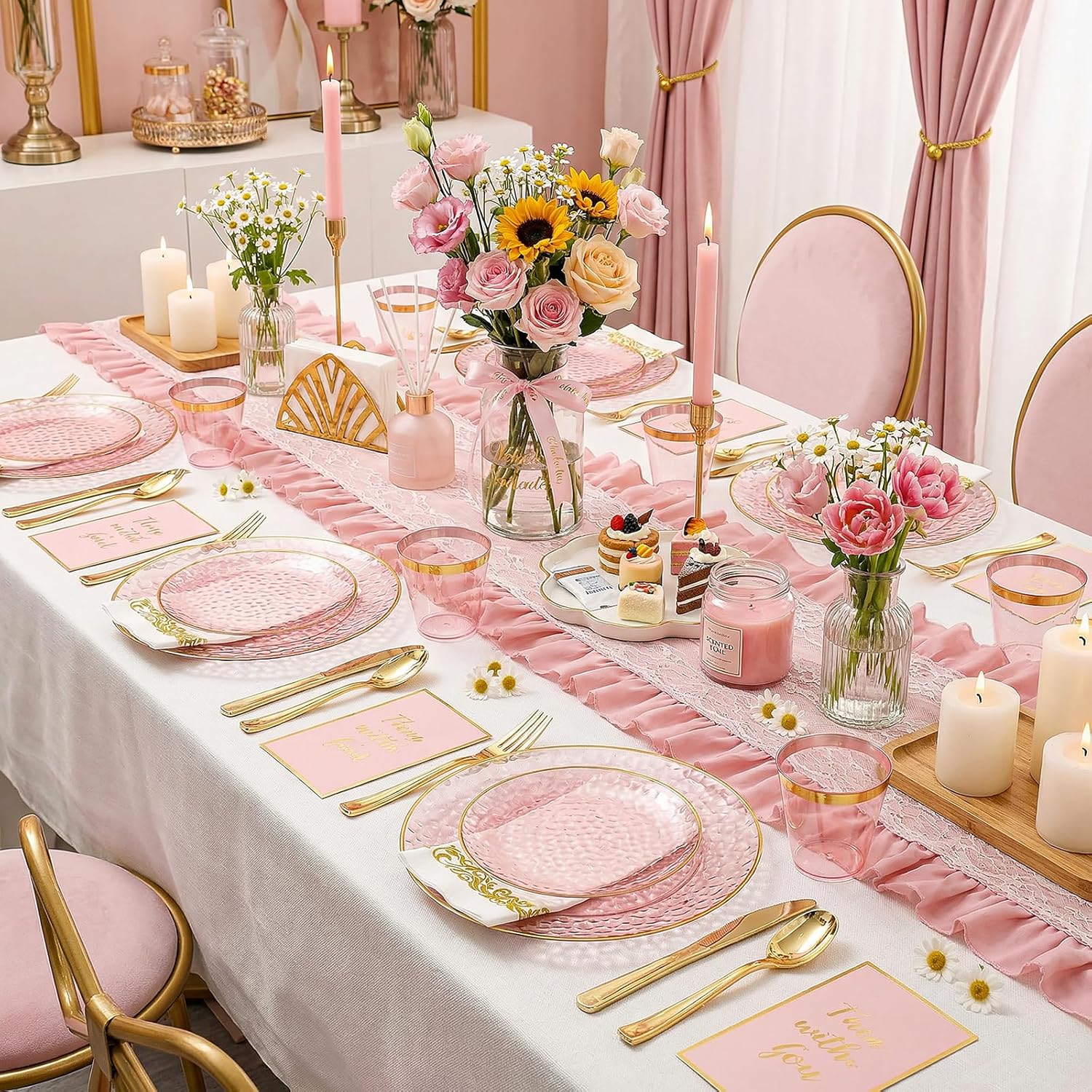 Thumbnail 6 de Rubtlamp 350 Pcs Clear Pink Plastic Plates with Pink Gold Rim Dinnerware Set (50 Guests)