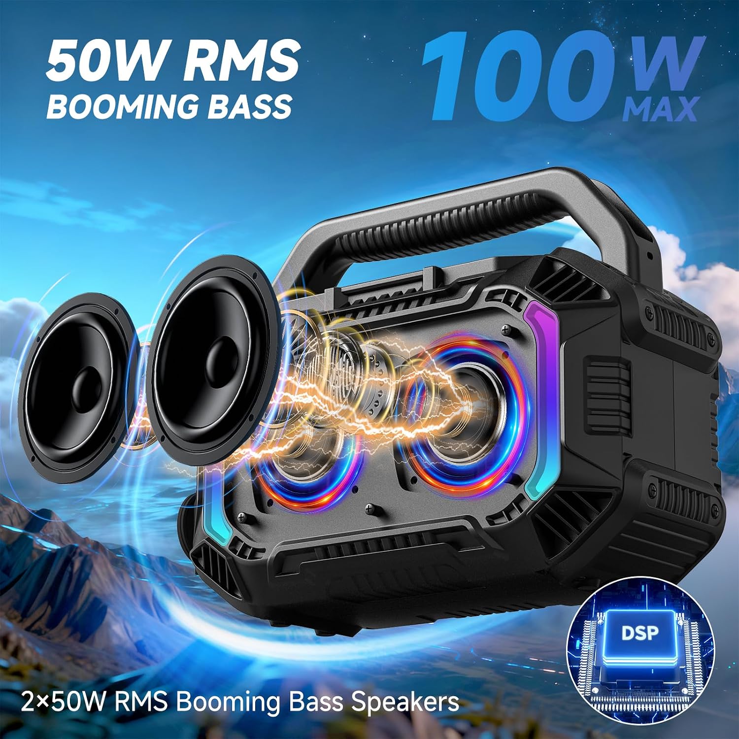 Detalle de Wilody 100W tragbarer Bluetooth-Lautsprecher (BT 5.3, TWS, IPX7) mit RGB-Licht & 20h Akku – L-Schwarz