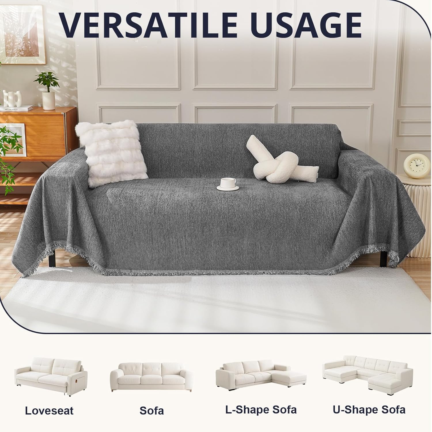 Thumbnail 1 de Royhom Telo Copridivano 2 Posti angolare in chenille grigio 180x260 cm