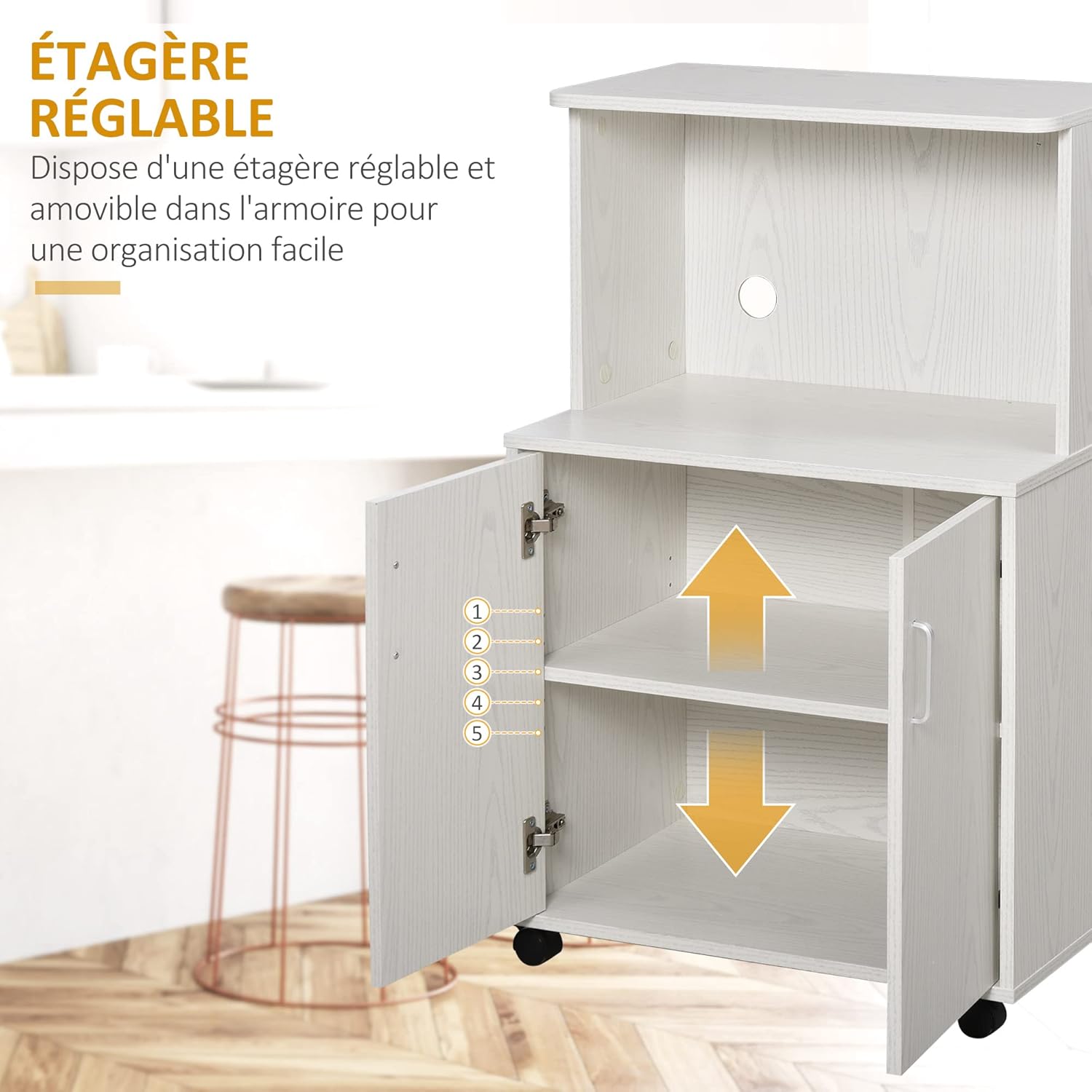 Detalle 2 de HOMCOM Chariot desserte Micro-Ondes Placard 2 Portes, blanc – 60,4 L x 40,3 l x 97 H cm