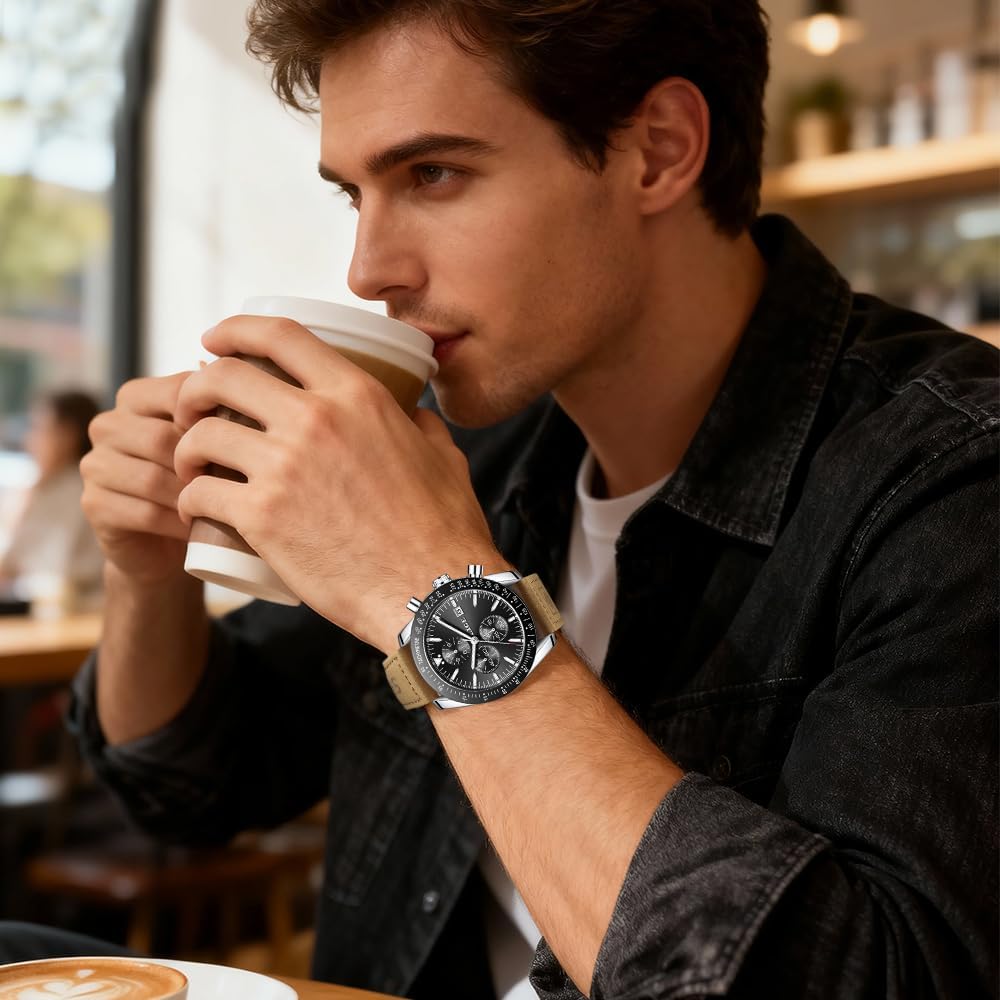Detalle 2 de LIGE Montre Homme chronographe analogique Quartz bracelet cuir souple 45 mm