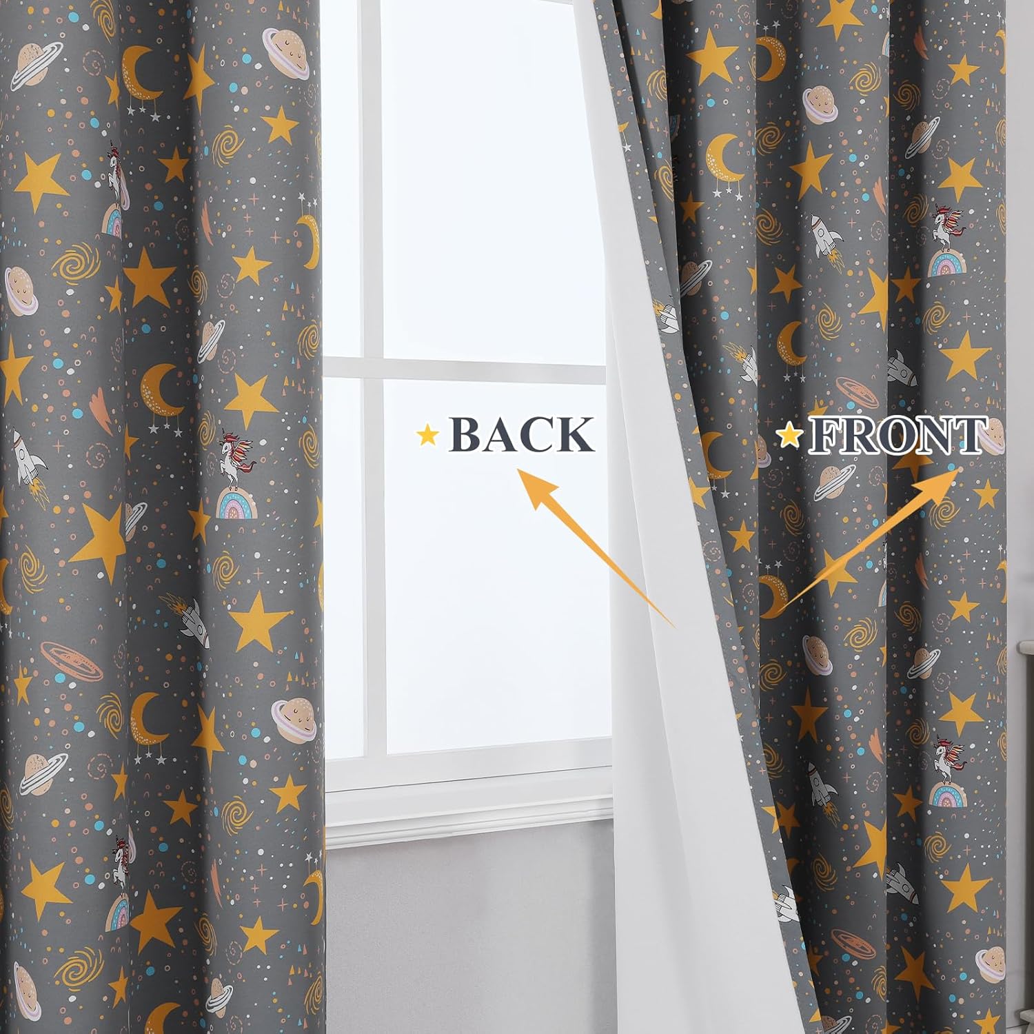 Thumbnail 1 de VEHEDE Unicorn Blackout Curtains – 2 Panels, 52x84 Inches, Grey Galaxy Kids Room