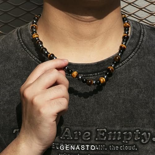 Detalle de GENASTO Healing Crystal Necklace: Black Obsidian, Tiger Eye & Hematite for Triple Protection