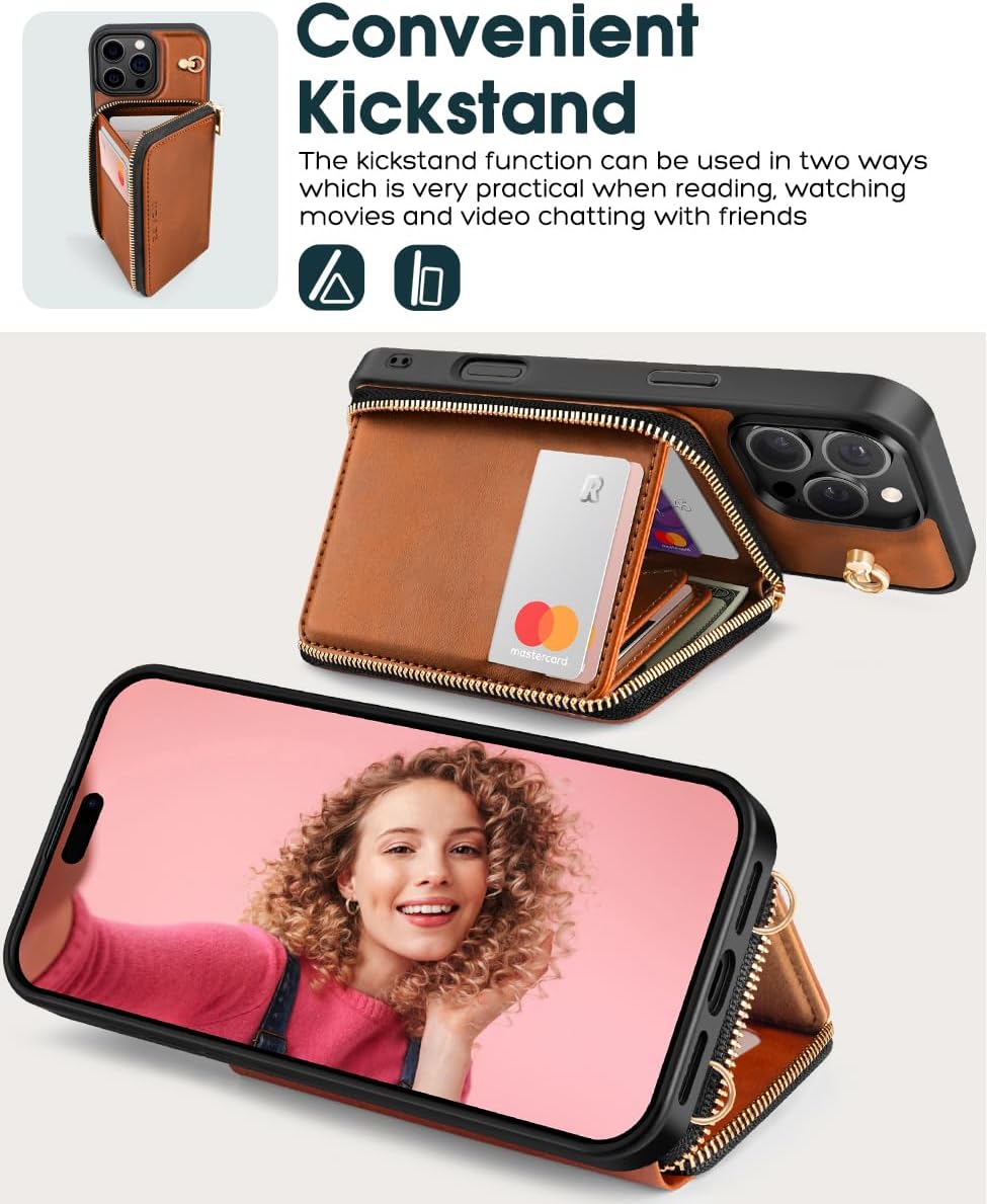 Thumbnail 4 de OCASE Hülle für iPhone 16 Pro Max – RFID-blockierende PU-Leder Wallet mit Reißverschluss, Standfunktion und Lanyard in Braun