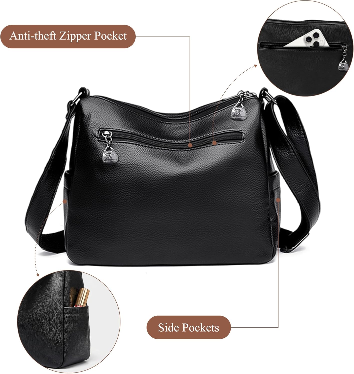 Detalle de Gluckstar Sac à Main Femme Porté Épaule Cros(s)body — PU Étanche Moyen, 27x15x23 cm, Compartiments Multiples