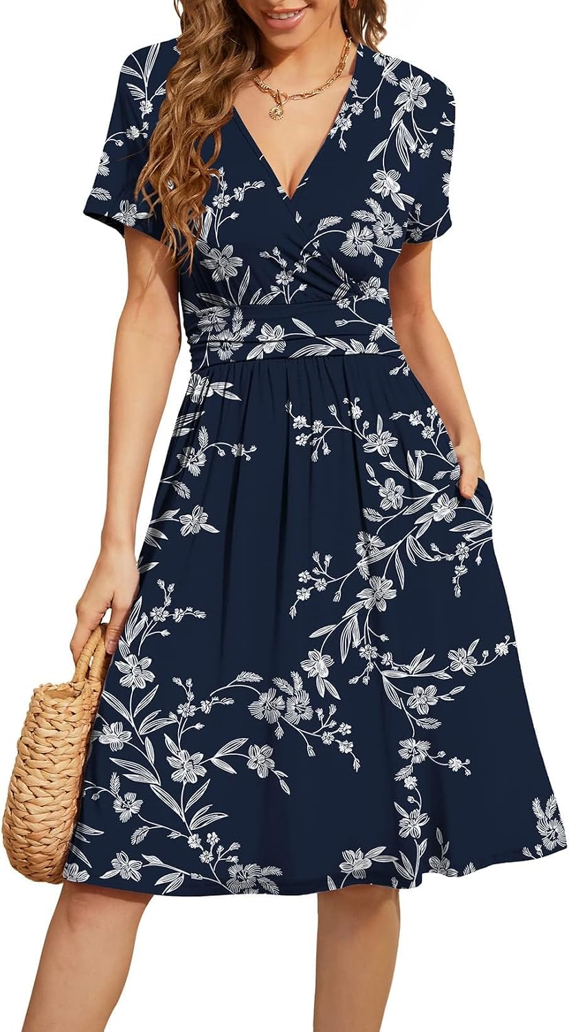 WEACZZY Women’s Summer Short Sleeve Floral Wrap V-Neck Dress with Pockets