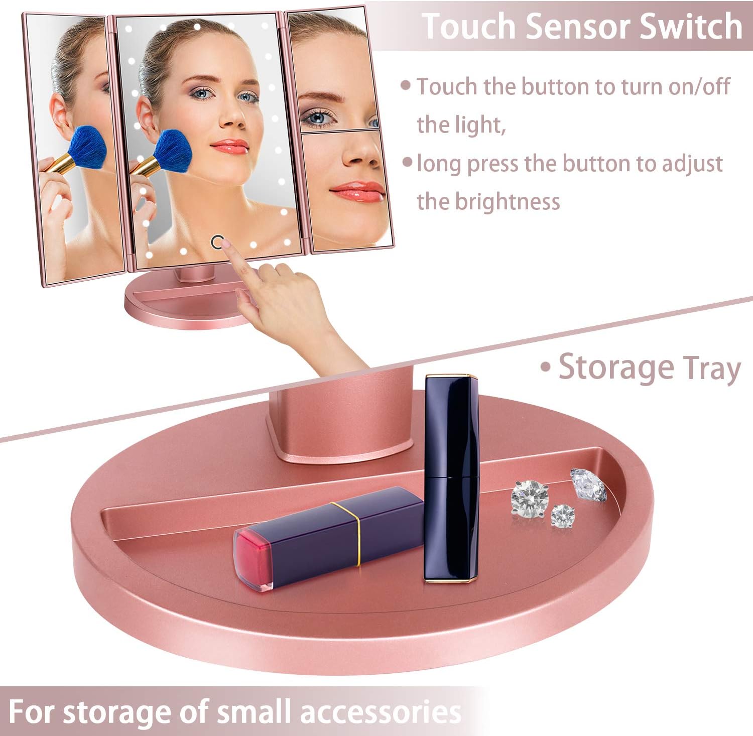 Detalle de deweisn Dresser Mount Tri-Fold Lighted Vanity Mirror with 21 LEDs, Touch Screen, and 3X/2X/1X Magnification