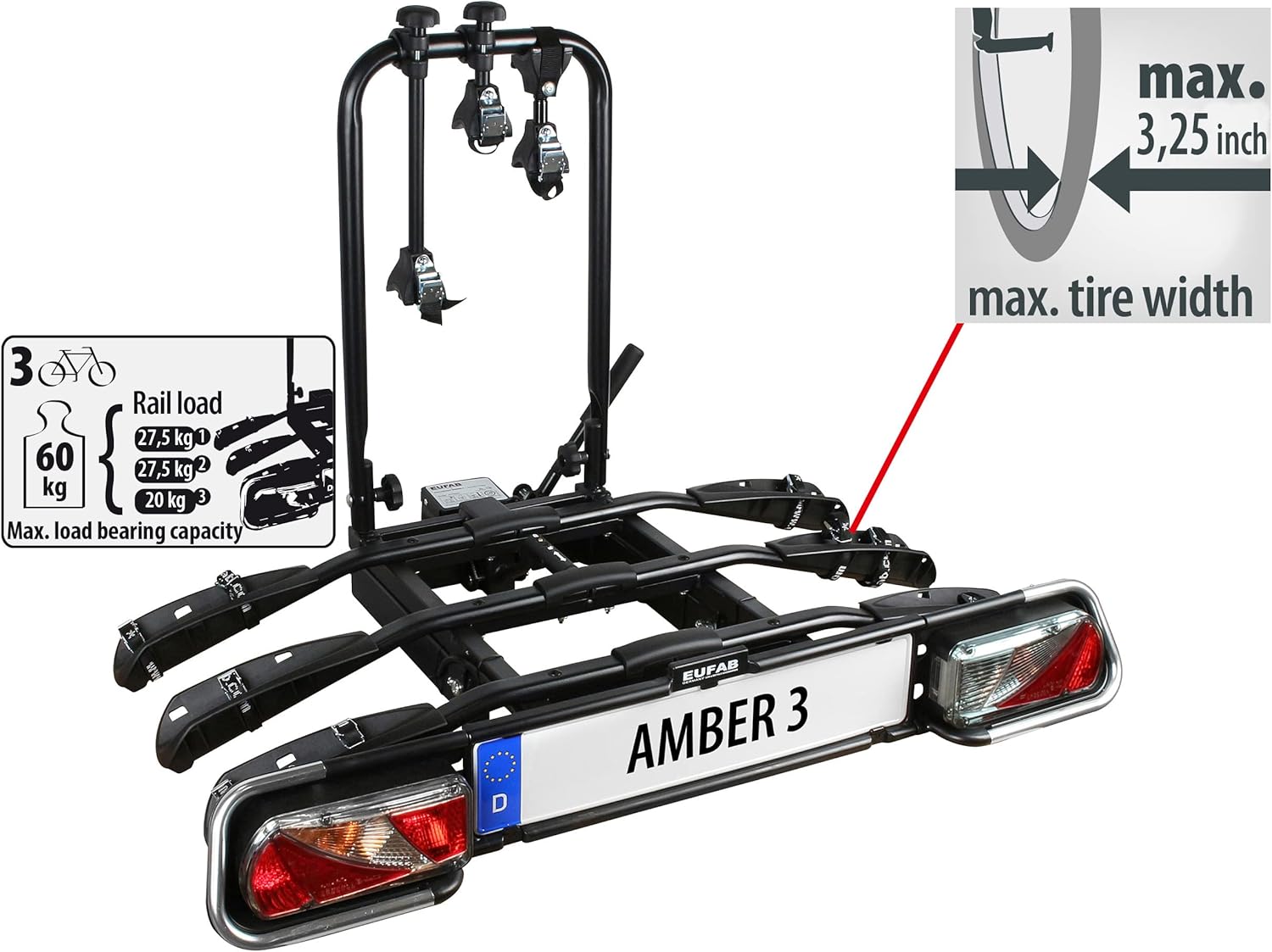 Detalle de EUFAB 11555 Porte-vélo d'attelage – porte 3 vélos sur attelage, cadres oversize et Y