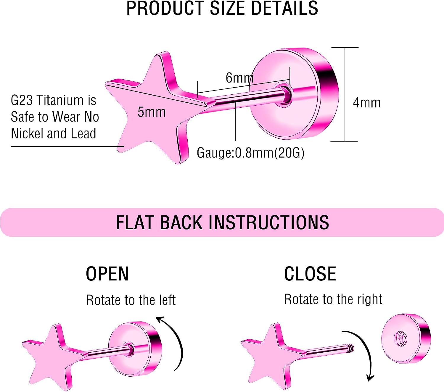 Detalle 2 de ZDE Titan Damen Ohrstecker Herz flach zurück (G23), nickelfrei, hypoallergen – 5 mm
