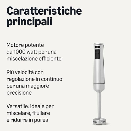 Detalle 2 de Amazon Basics Frullatore a immersione da 1000 W, multivelocità, argento