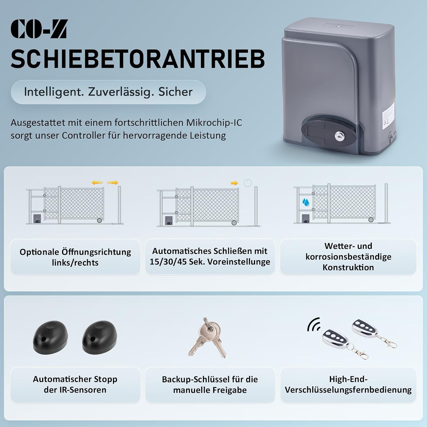 Detalle de CO-Z Schiebetorantrieb 280 W mit Fernbedienung – Toröffner für Schiebetore bis 600 kg oder 12 m